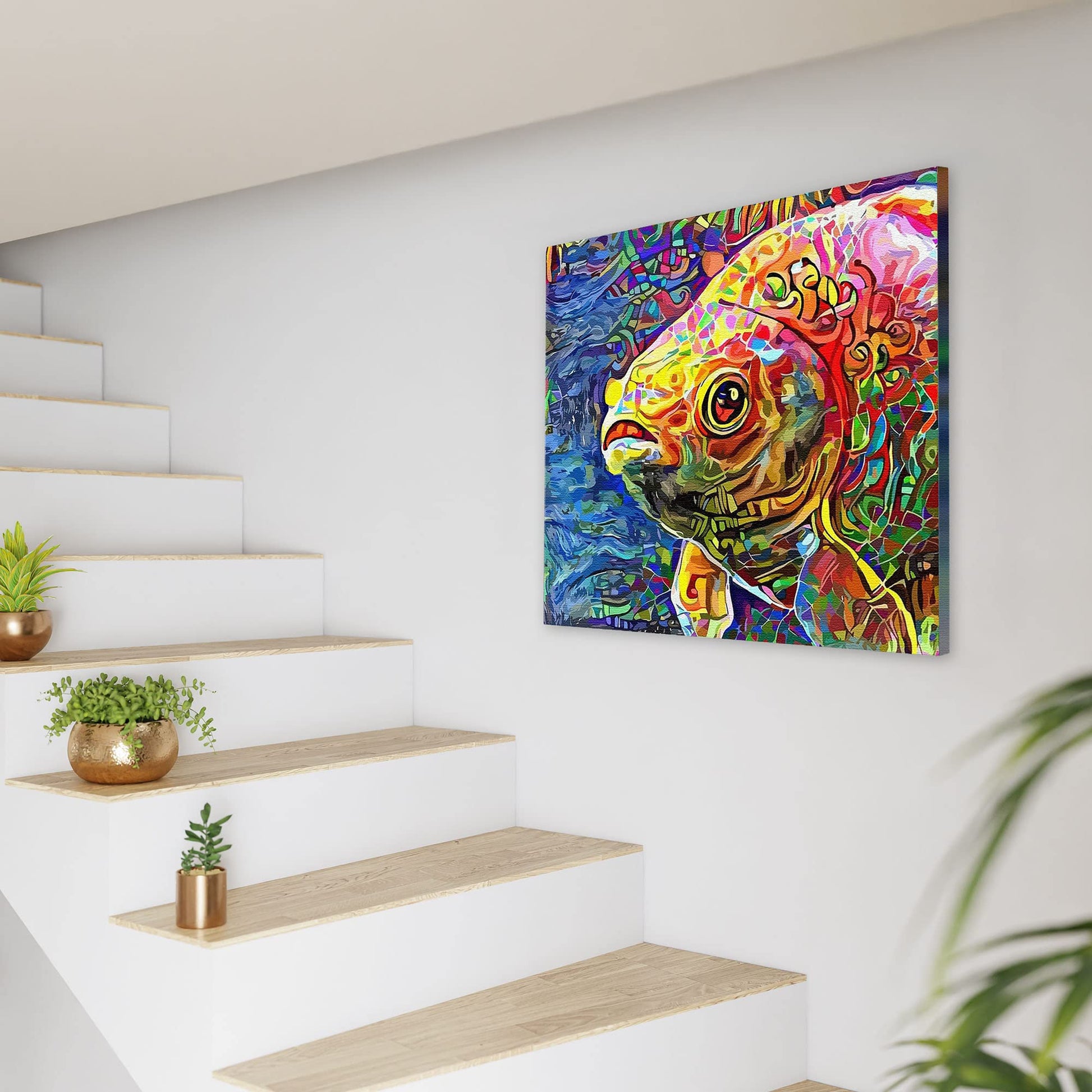 Colorful abstract koi fish art with vibrant patterns on canvas hanging on white wall near staircase and plants