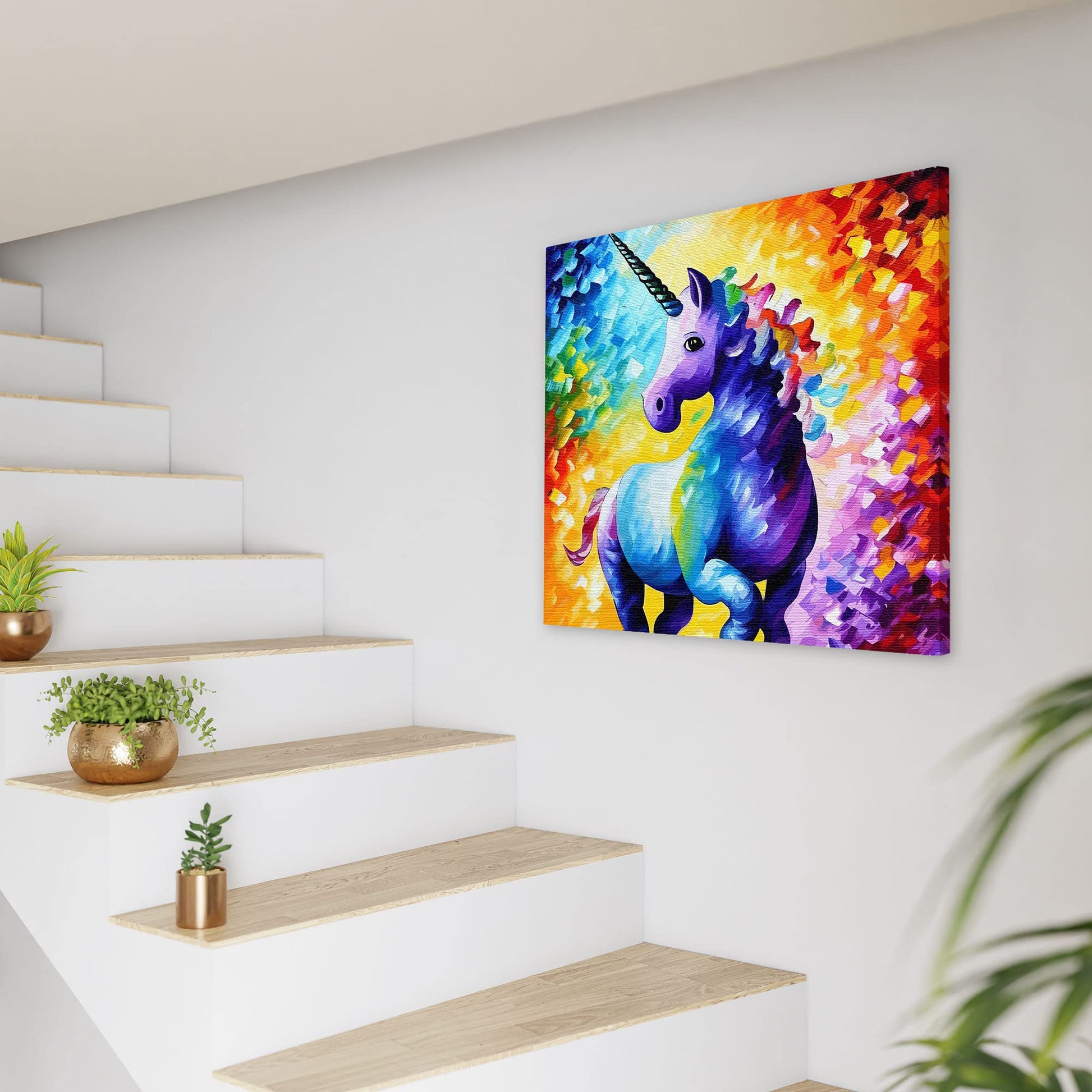 Vibrant purple unicorn with rainbow mane on colorful abstract background printed on canvas hanging on white wall near staircase