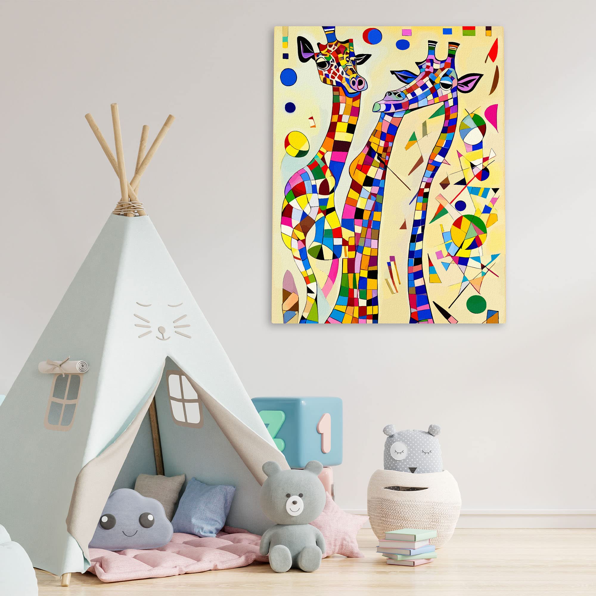 Vibrant colorful geometric giraffe artwork canvas in bright modern minimalist kids playroom wall decor setting