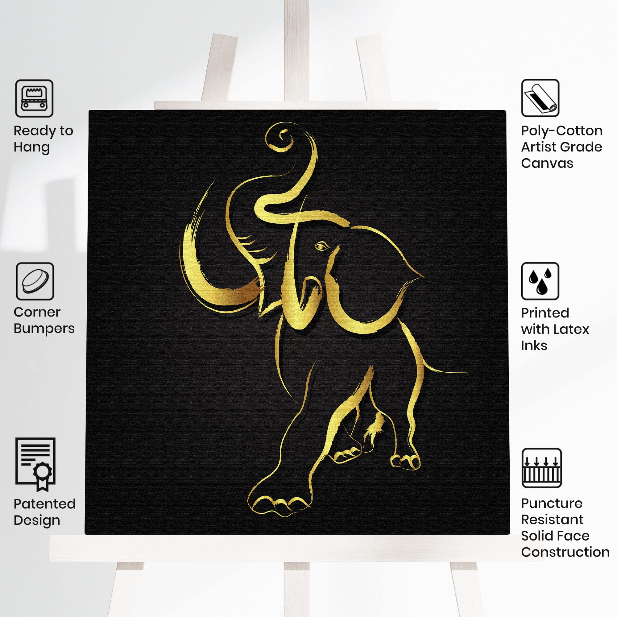 Abstract black and gold elephant art with fluid elegant lines on canvas displayed on easel with product feature icons