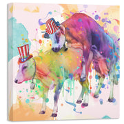 Colorful watercolor funny rude cows bathroom wall art with two cows wearing patriotic USA hats in vibrant abstract splash background