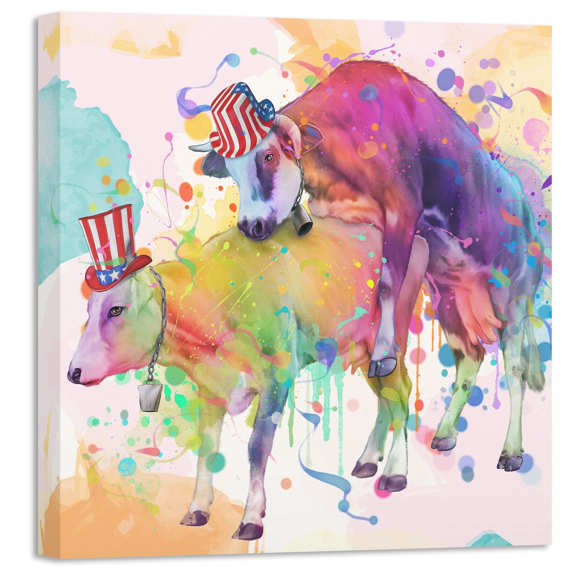 Colorful watercolor funny rude cows bathroom wall art with two cows wearing patriotic USA hats in vibrant abstract splash background