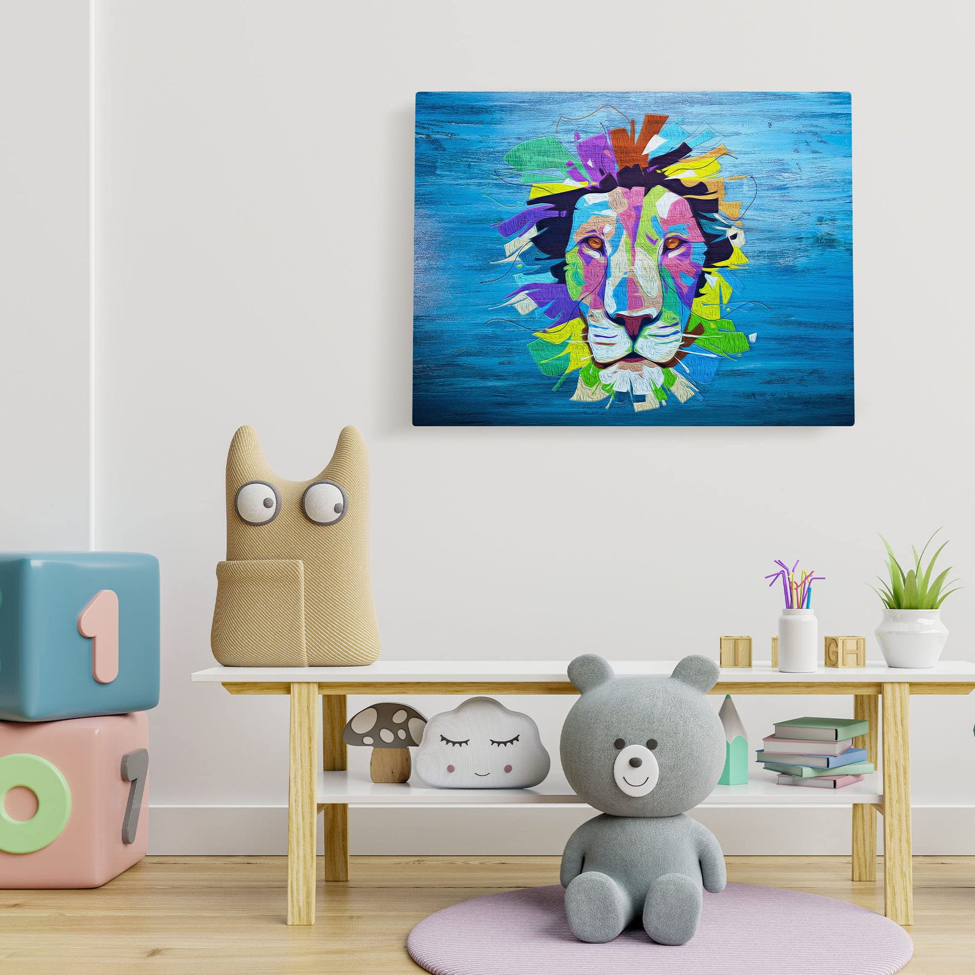 Vibrant pop art lion artwork on blue canvas displayed on white kids room wall with playful toys and decor