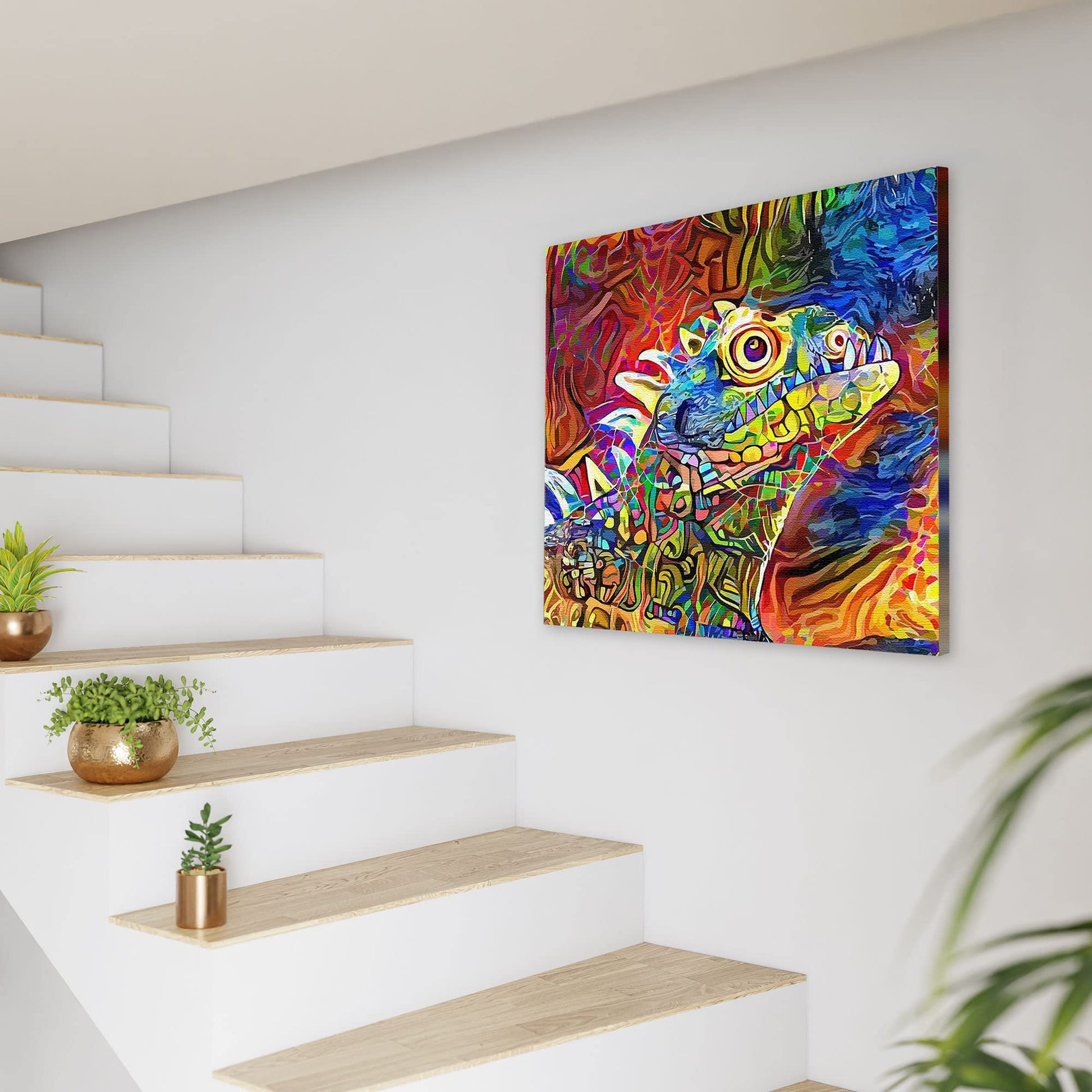 Colorful iguana wall art print with vibrant abstract geometric patterns on textured canvas in modern staircase setting