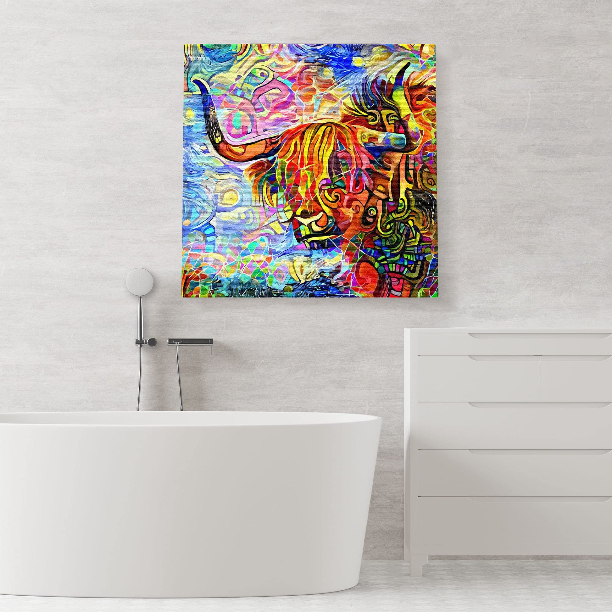 Colorful abstract Highland bull painting with swirling patterns on square canvas displayed above white bathtub in modern bathroom