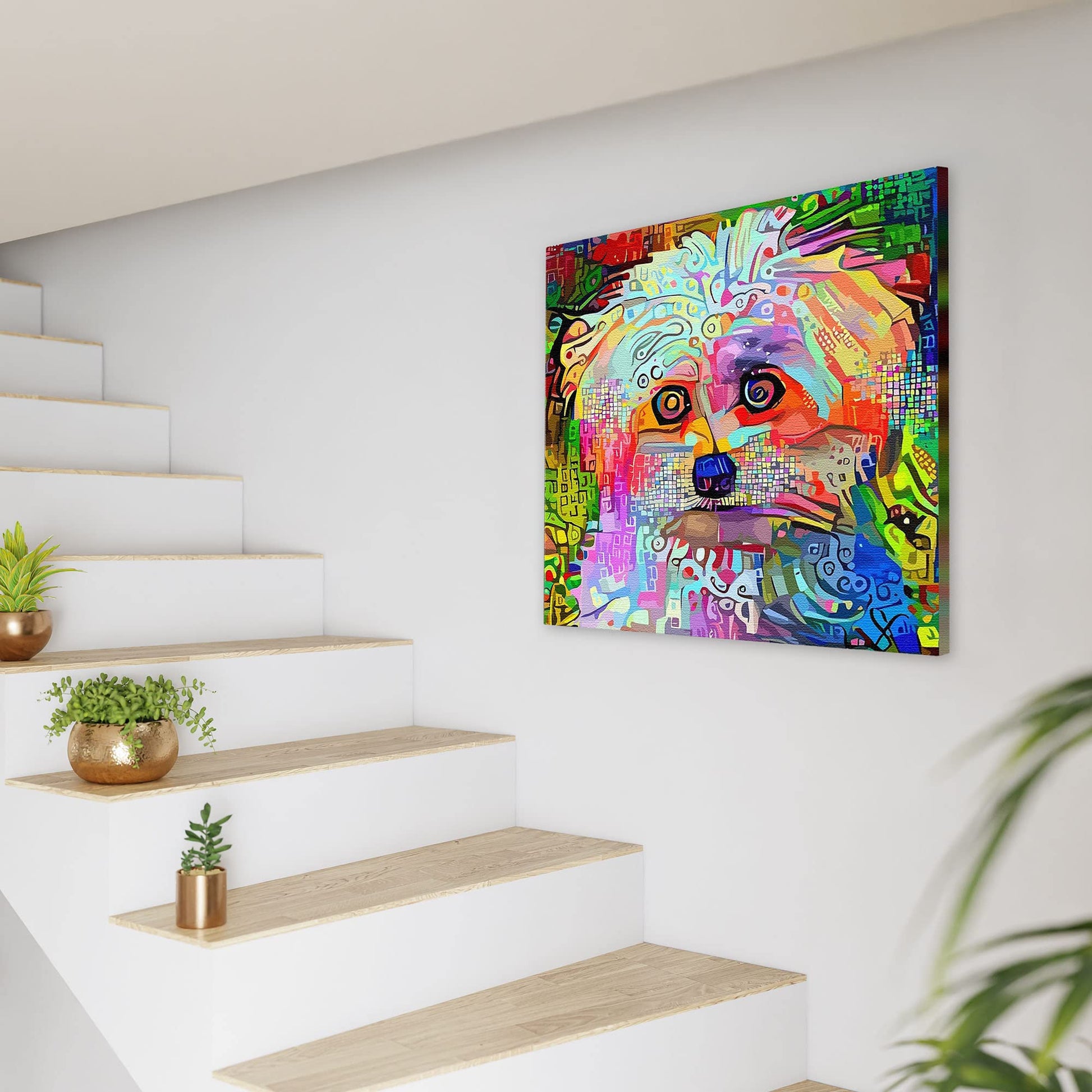 Colorful abstract West Highland dog wall art with vibrant geometric patterns on square canvas hanging on white stairway wall