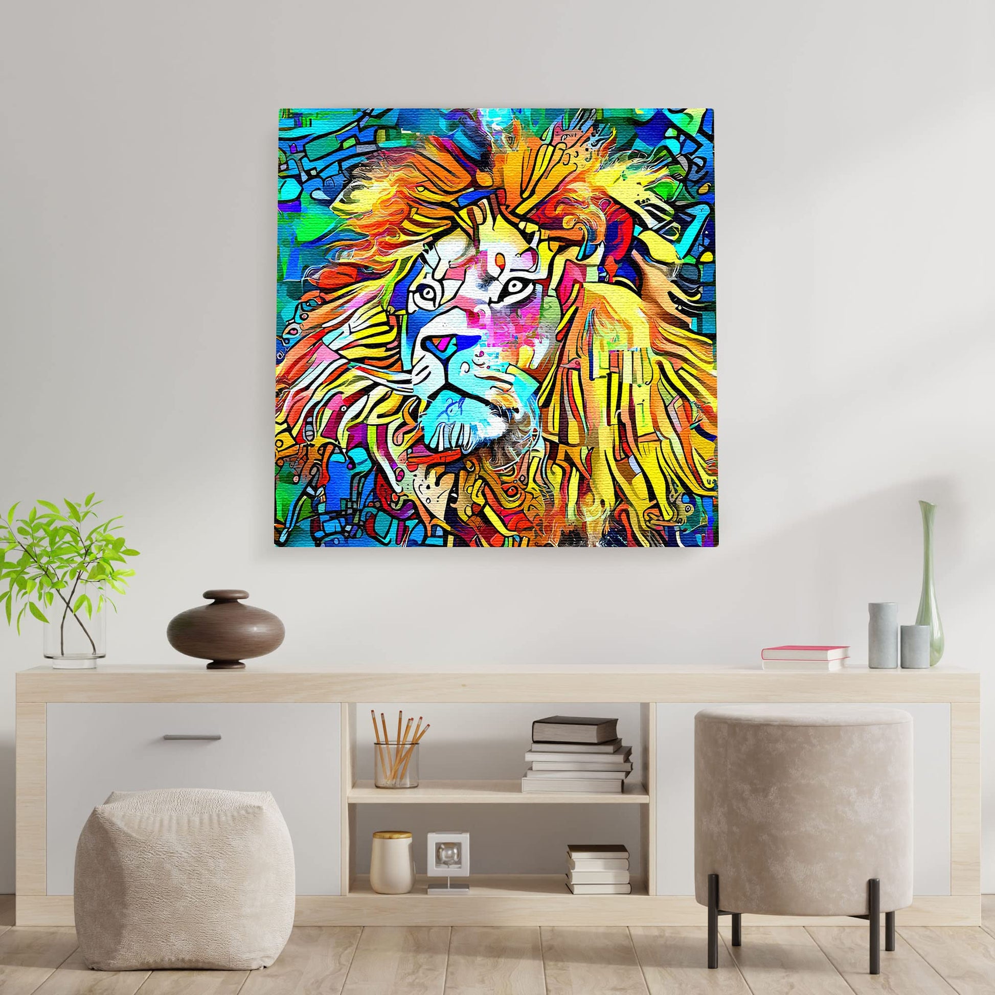 Vibrant colorful majestic king of the jungle lion artwork on square canvas displayed on white wall above modern wood console table