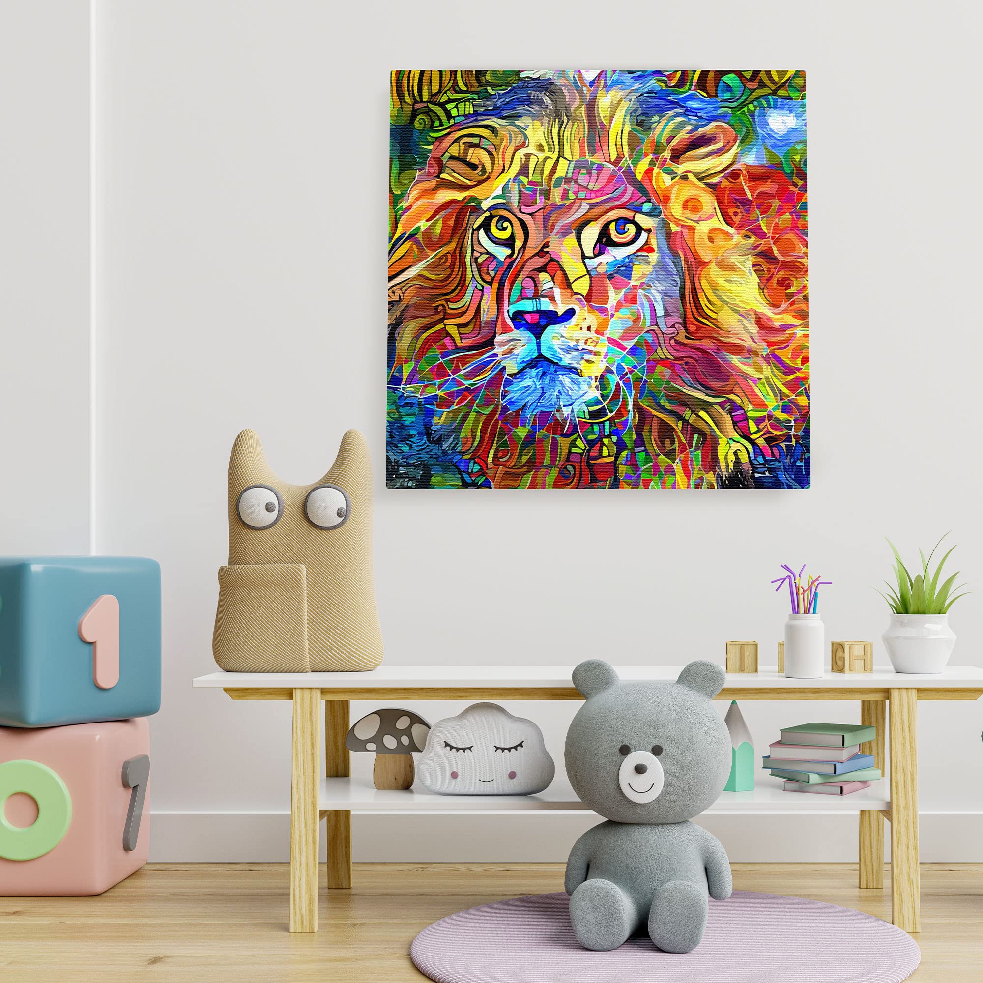Vibrant colorful abstract king of the jungle lion artwork on square canvas displayed in bright playful kids room
