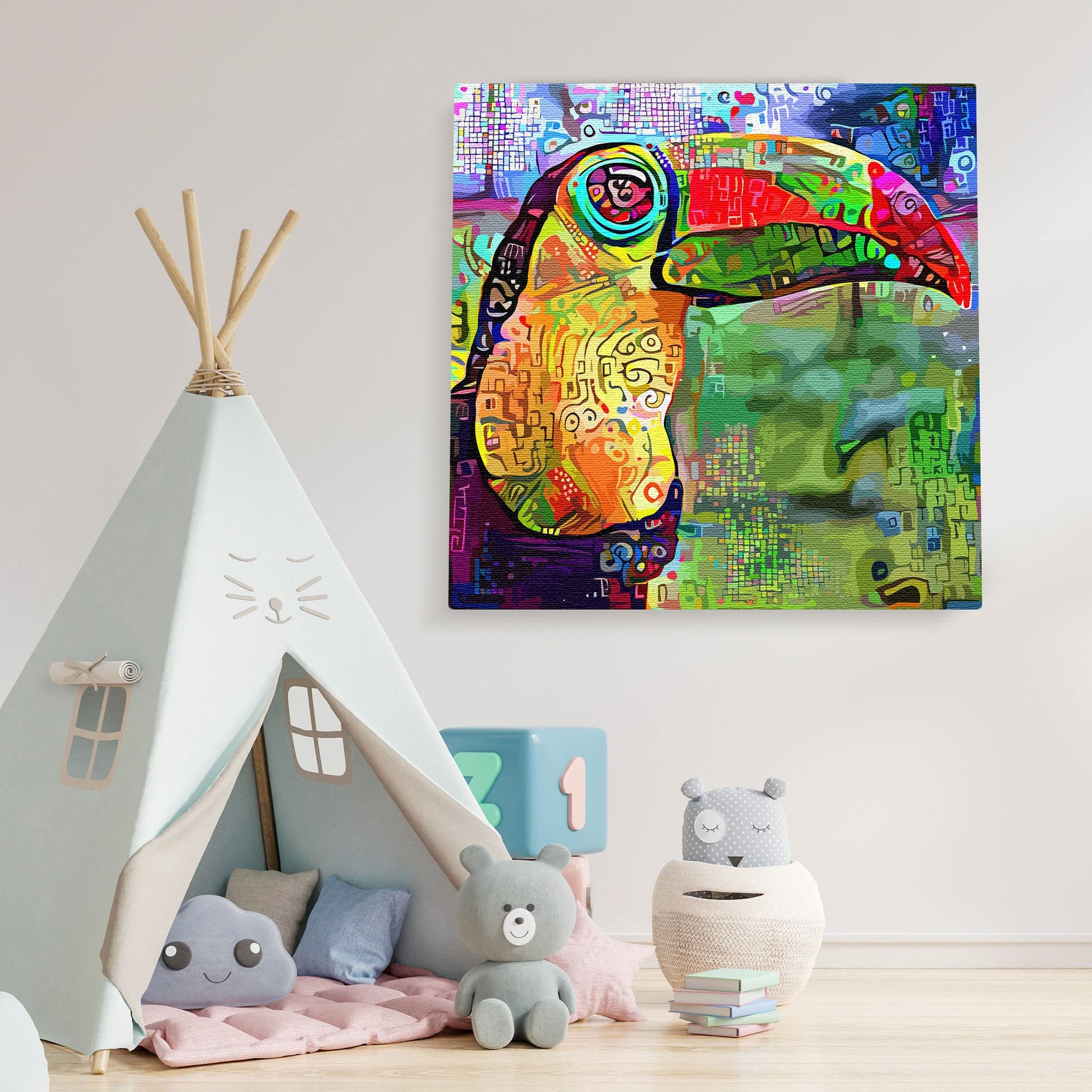Colorful abstract toucan with intricate geometric shapes on vibrant multicolor background printed on square canvas in playroom