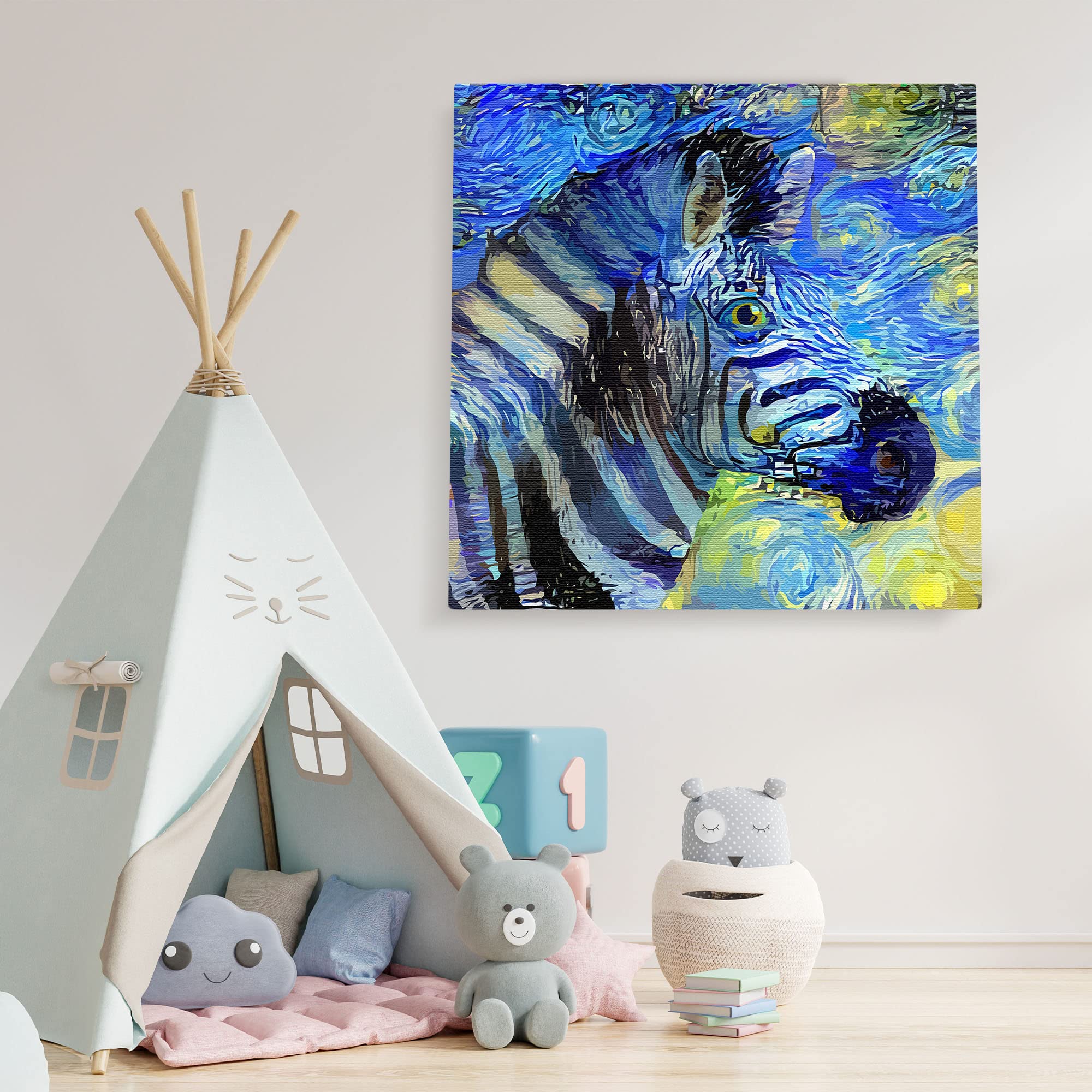 Abstract zebra portrait with swirling blue and yellow starry night style background on canvas in kids playroom