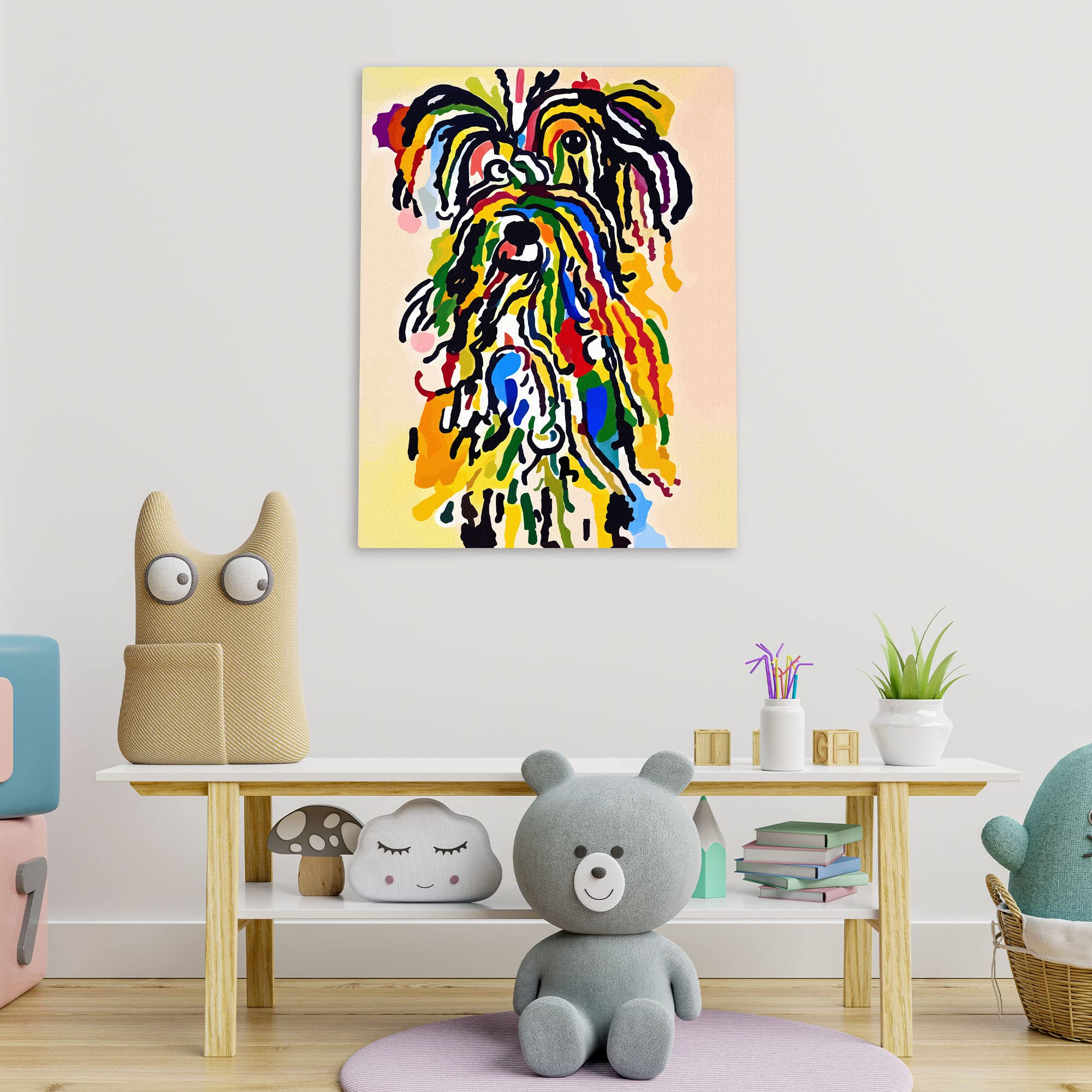 Colorful abstract shaggy dog art with bold brush strokes and vibrant hues displayed on wall in modern playful kids room