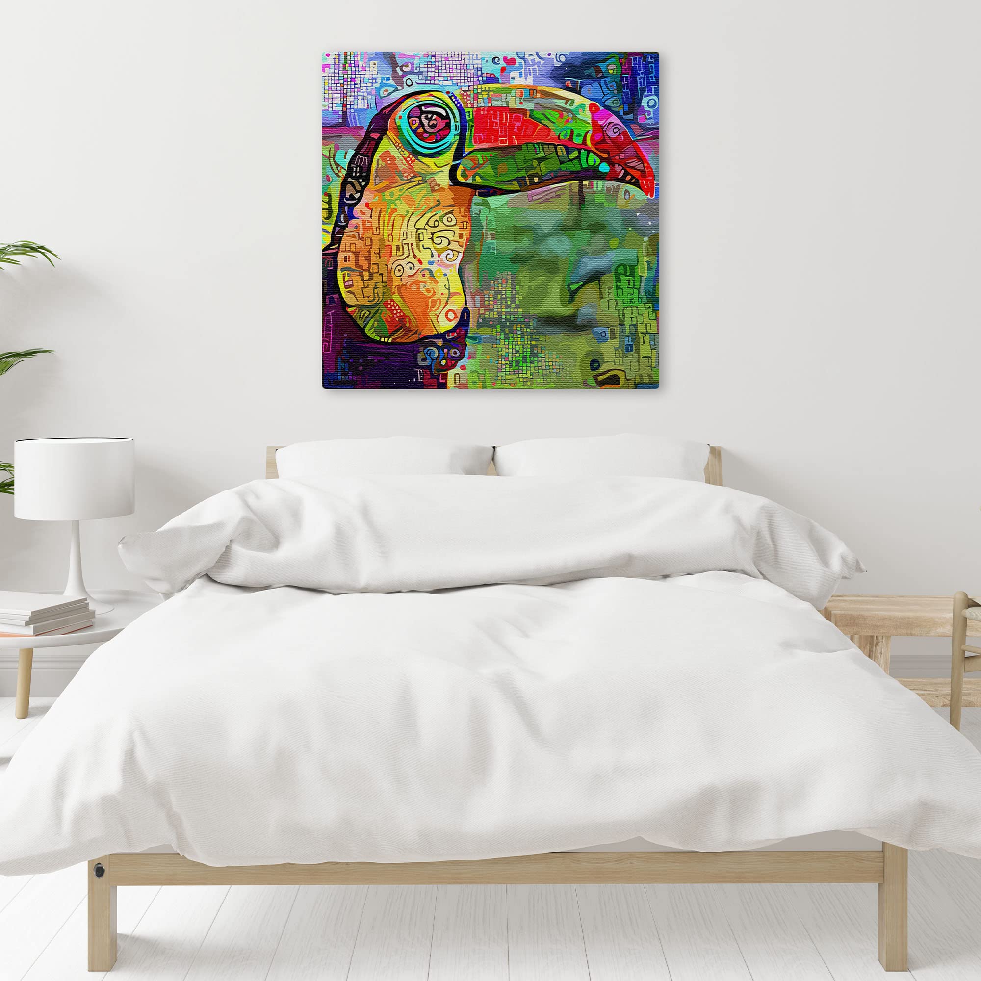 Abstract toucan with vibrant geometric patterns on colorful multicolor background printed on square canvas above bed in minimalist bedroom