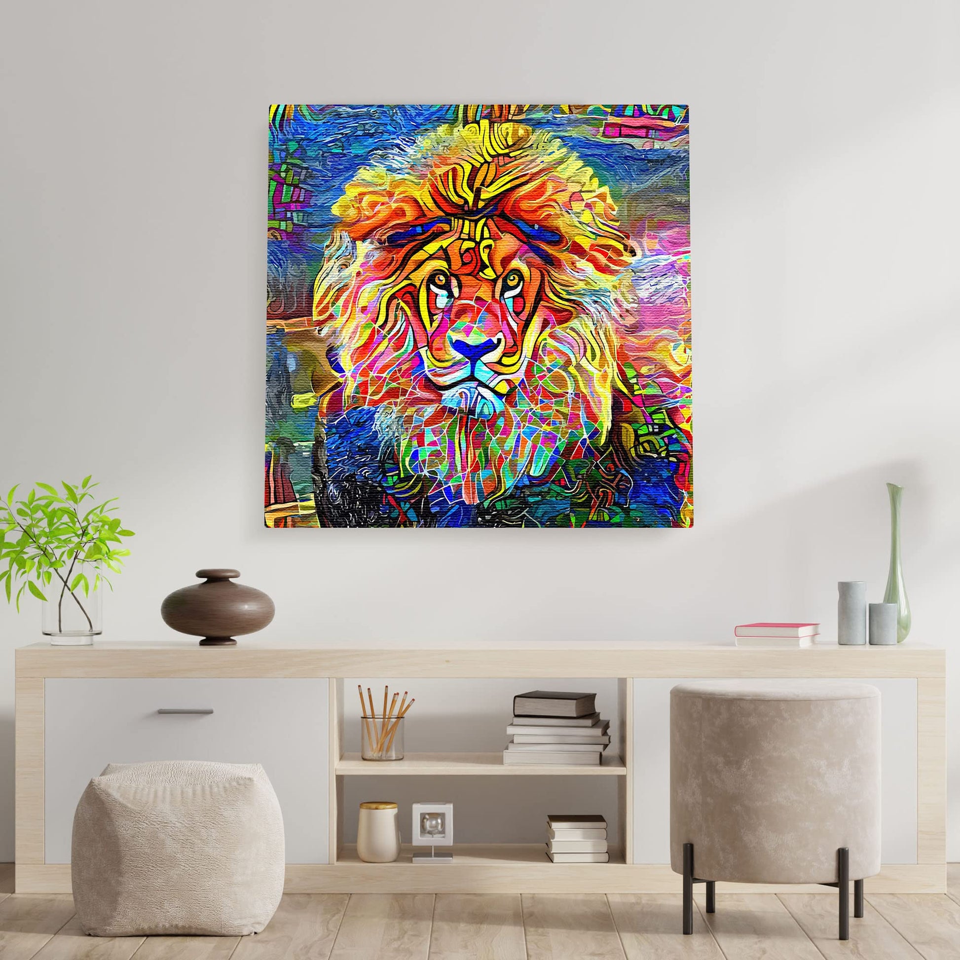 Vibrant colorful lion face wall art with bold abstract shapes on textured canvas displayed in modern minimalist living room