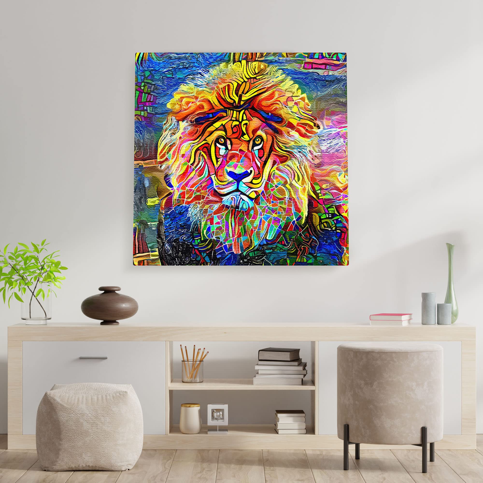 Vibrant colorful lion face wall art with bold abstract shapes on textured canvas displayed in modern minimalist living room