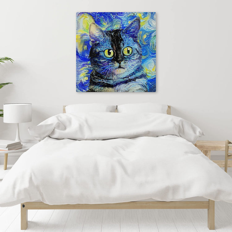 Blue impressionist cat canvas art with swirling brushstrokes and bright yellow eyes displayed above modern bed