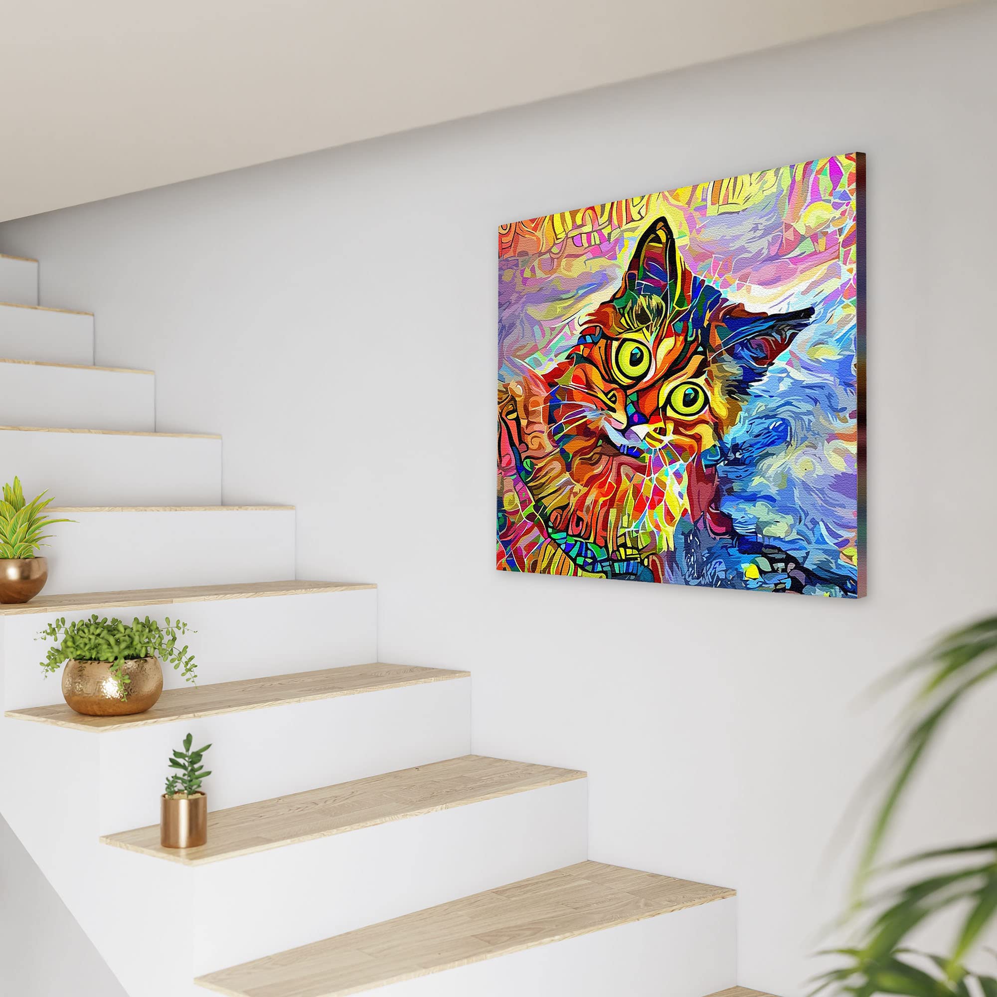 Abstract colorful cat wall art with vibrant reds, yellows, blues, and purples in dynamic fluid painterly style