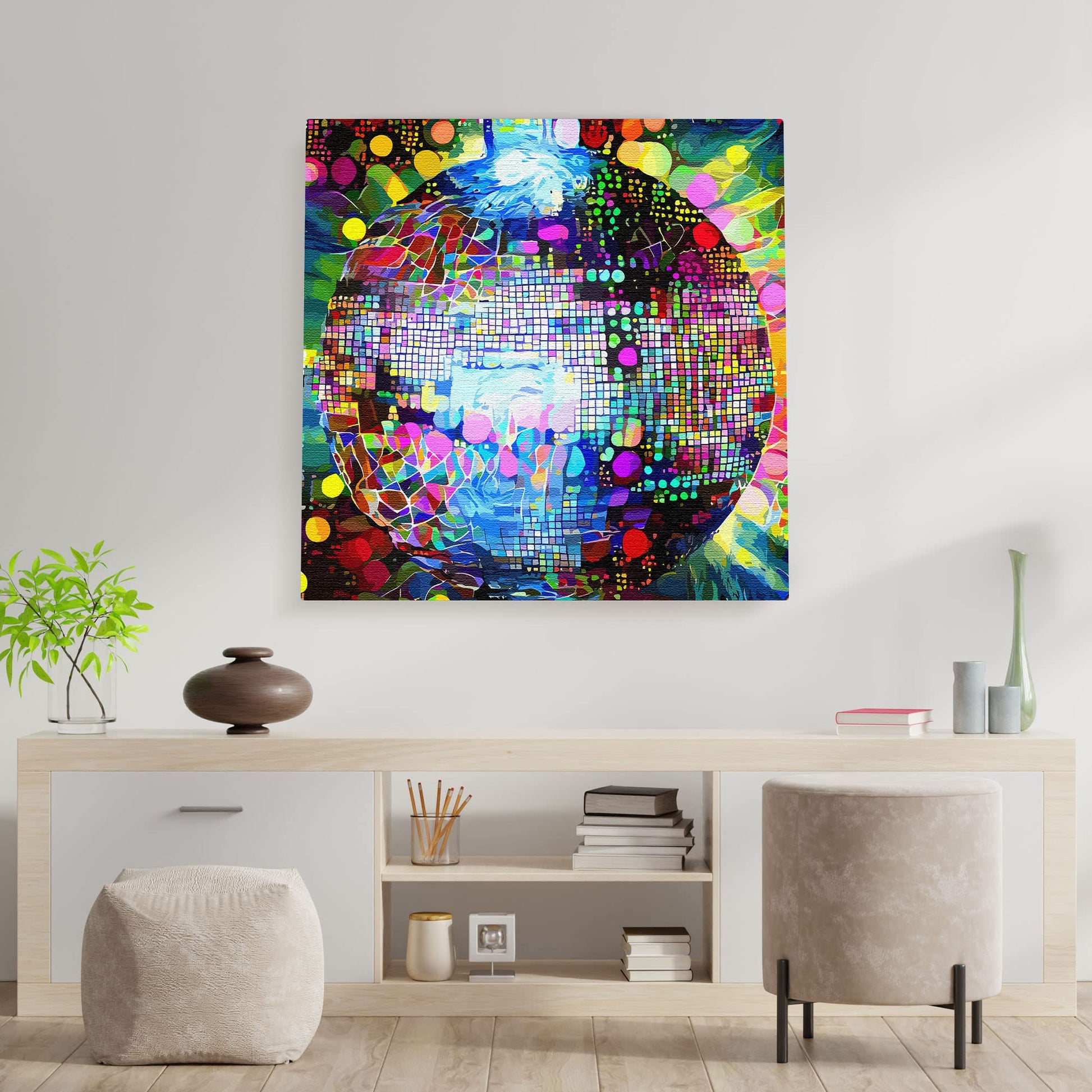 Colorful abstract disco ball wall art with vibrant geometric mosaic patterns on square canvas hanging on white wall above modern console