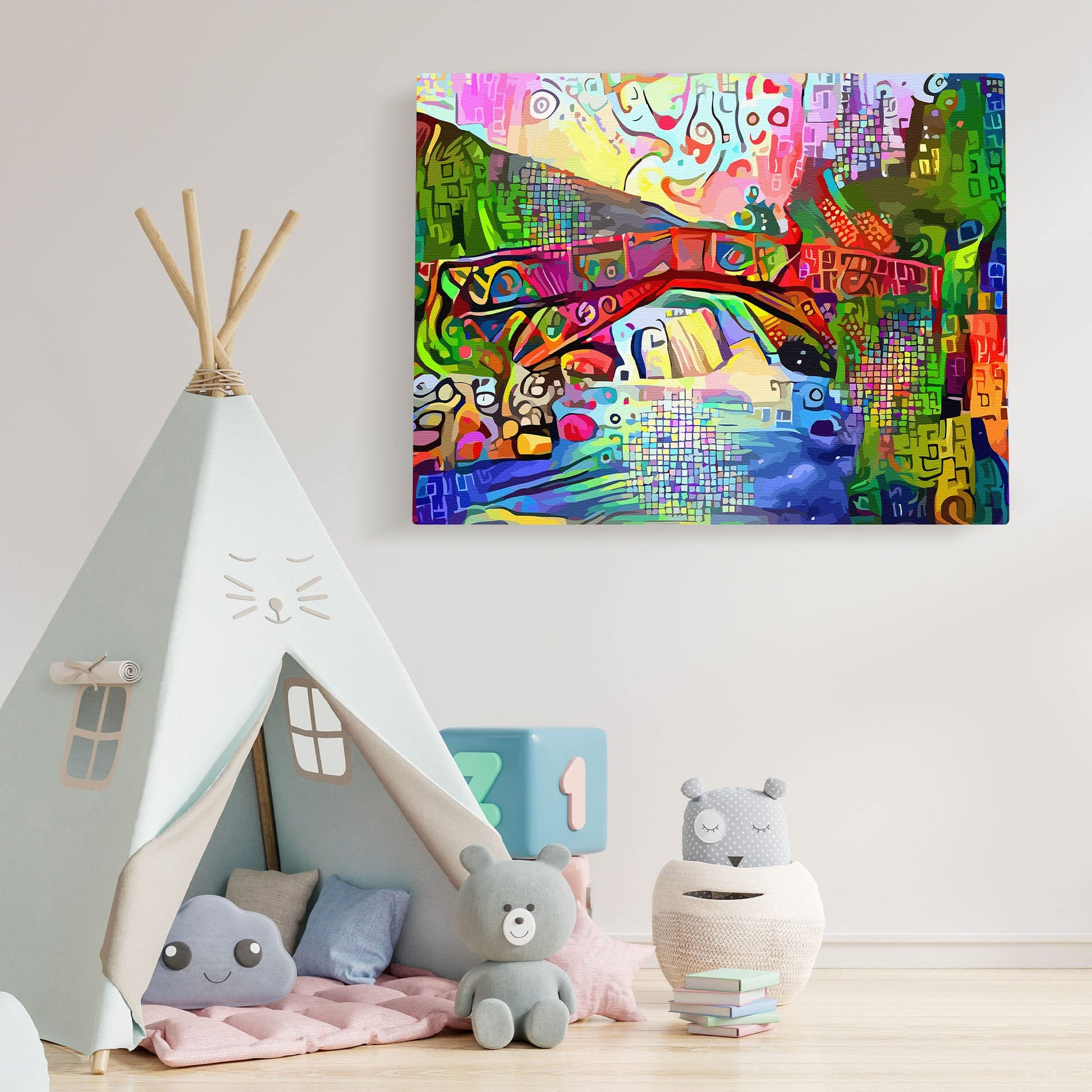 Colorful abstract bridge landscape artwork with vibrant reds, blues, greens, and yellows in geometric and mosaic patterns