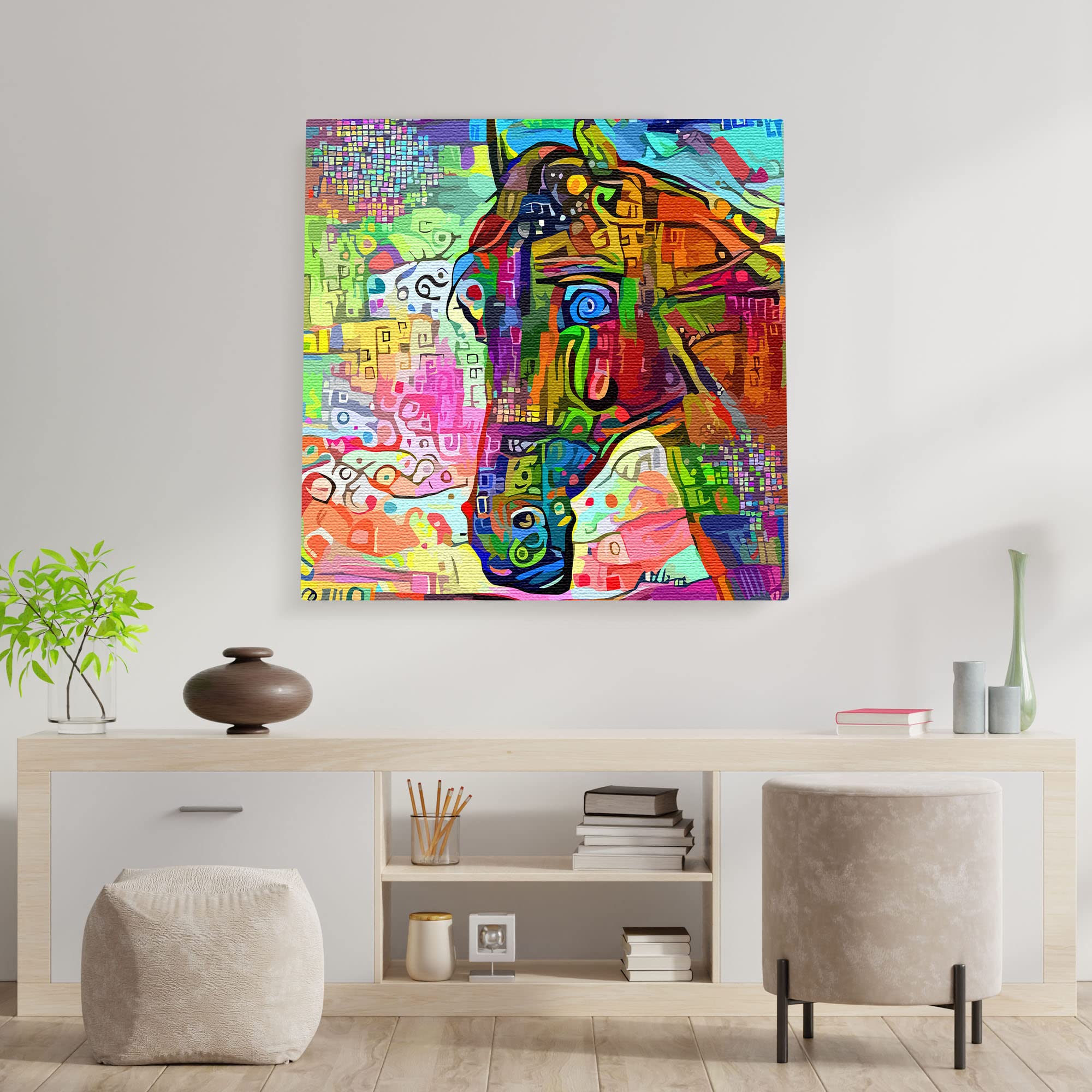 Colorful abstract horse art painting on textured canvas displayed in modern minimalist living room wall decor setting