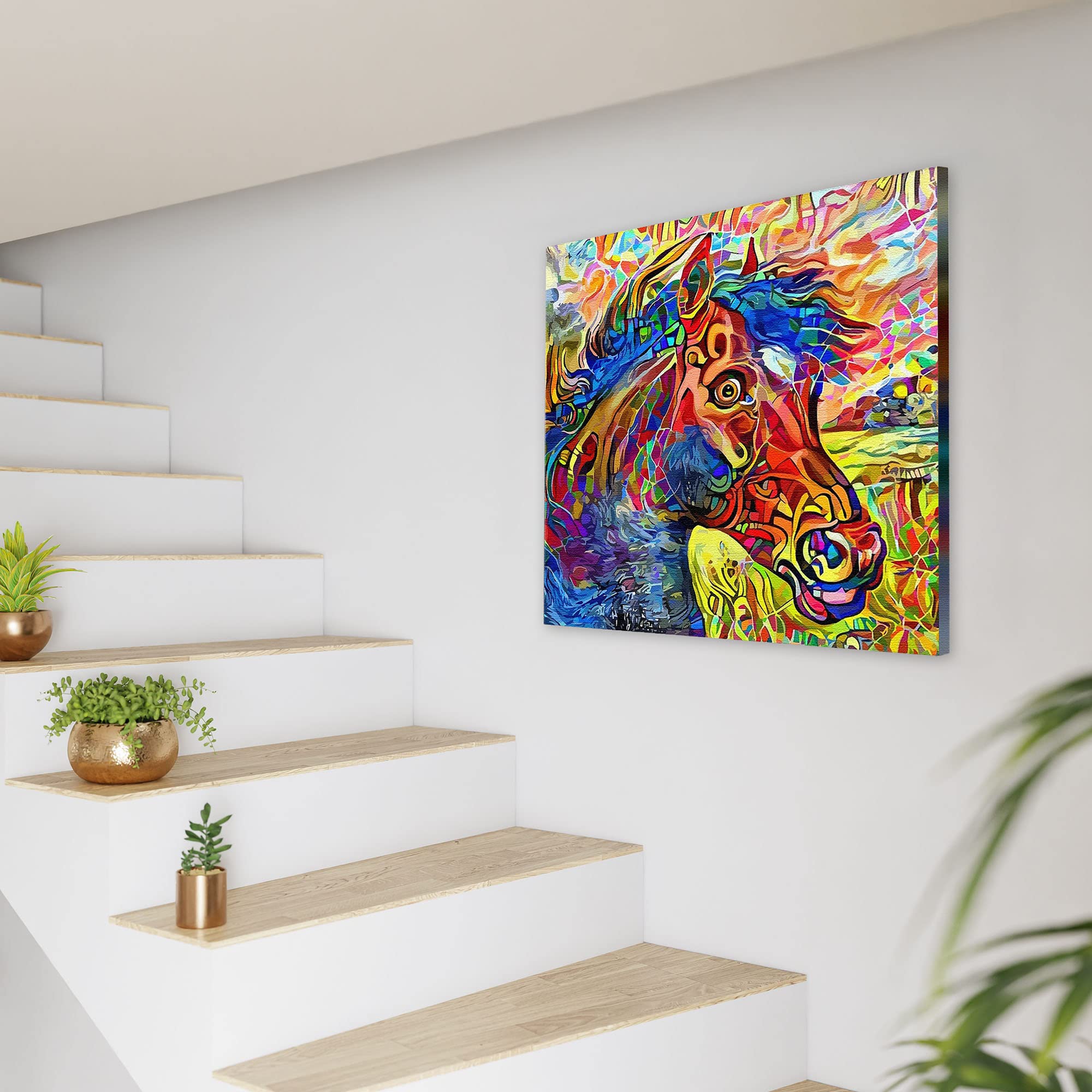 Colorful abstract horse art painting on textured canvas in vibrant modern minimalist staircase wall decor setting