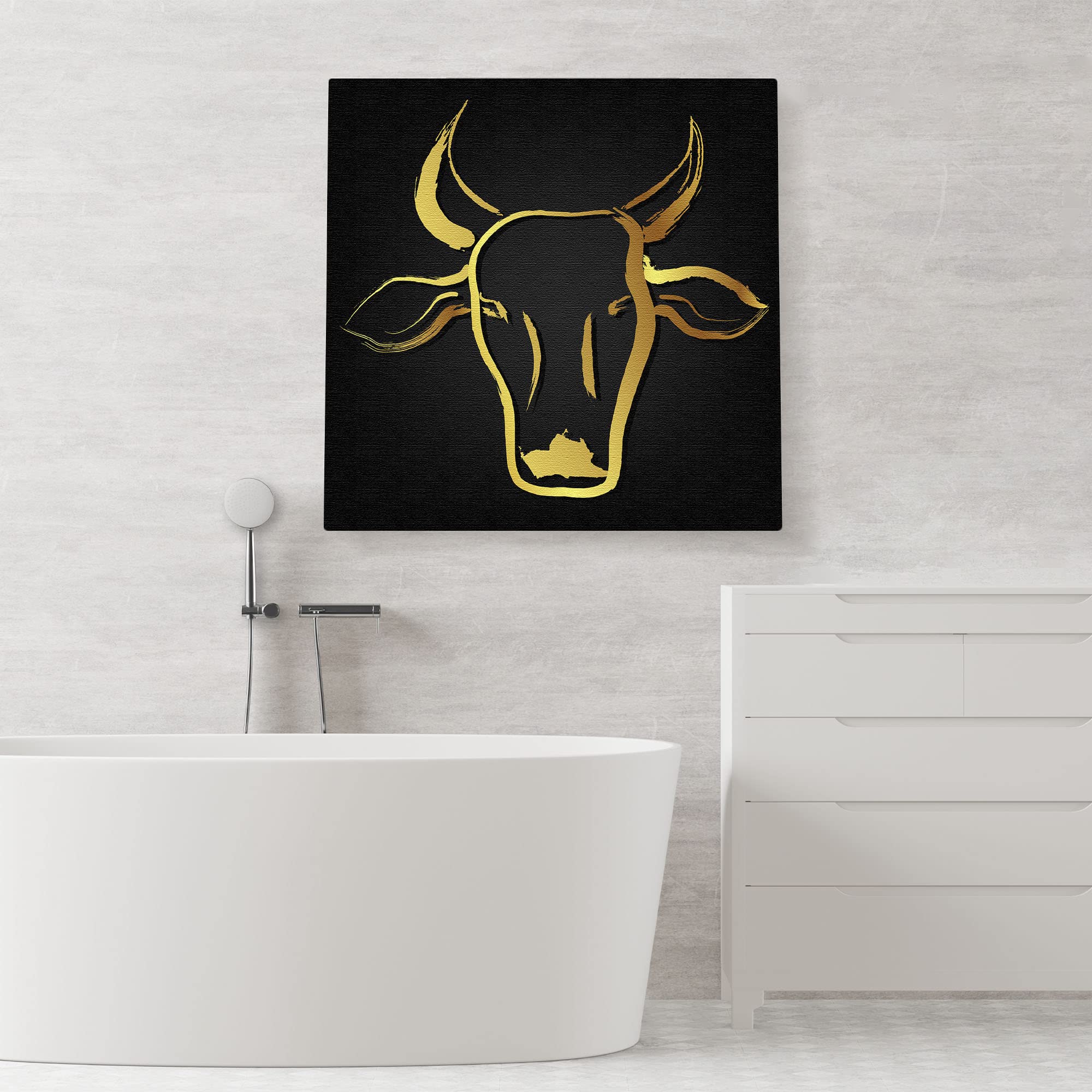 Abstract black and gold cow art with sleek brushstroke design on square canvas above modern white bathtub