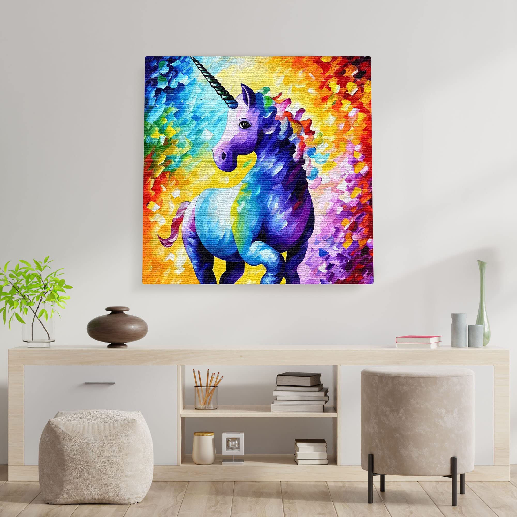 Vibrant purple unicorn with rainbow mane on colorful abstract background printed on square canvas hung above modern desk