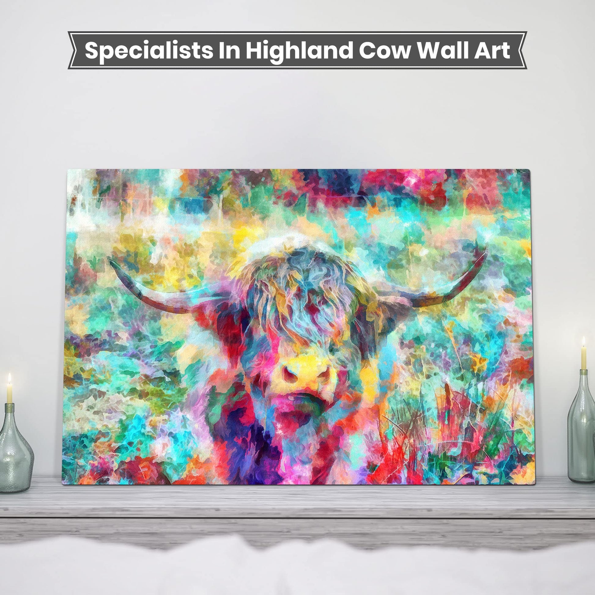 Abstract colorful Highland cow watercolor canvas artwork with vibrant blues, reds, yellows, and greens in fluid painterly style