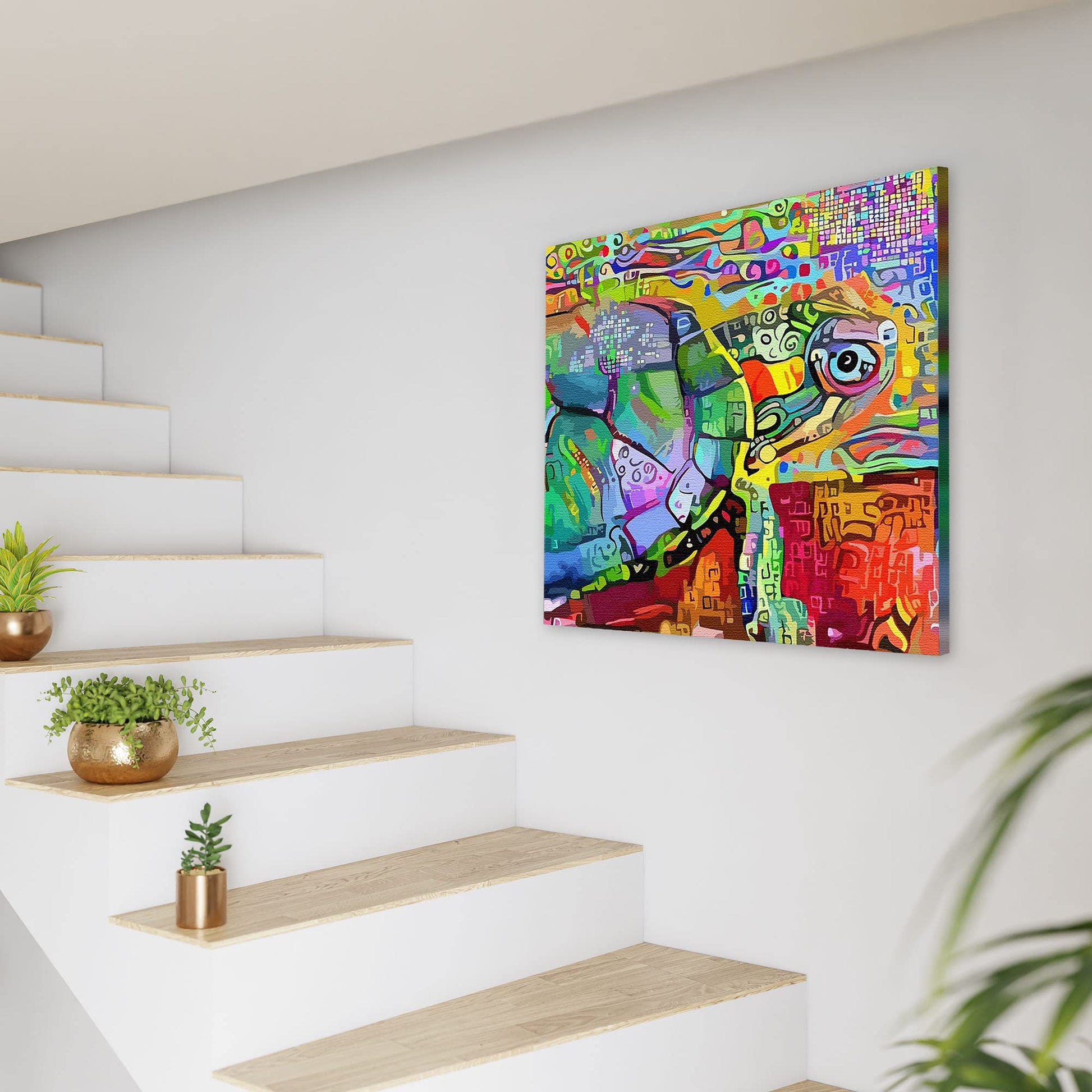 Bright colorful abstract sea turtle with intricate patterns on multicolor background printed on square canvas above stairway