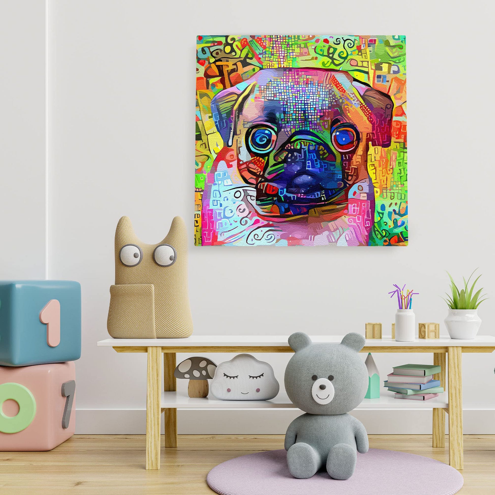 Colorful abstract Pug dog art with vibrant multicolor brush strokes on square canvas hanging in playful kids room