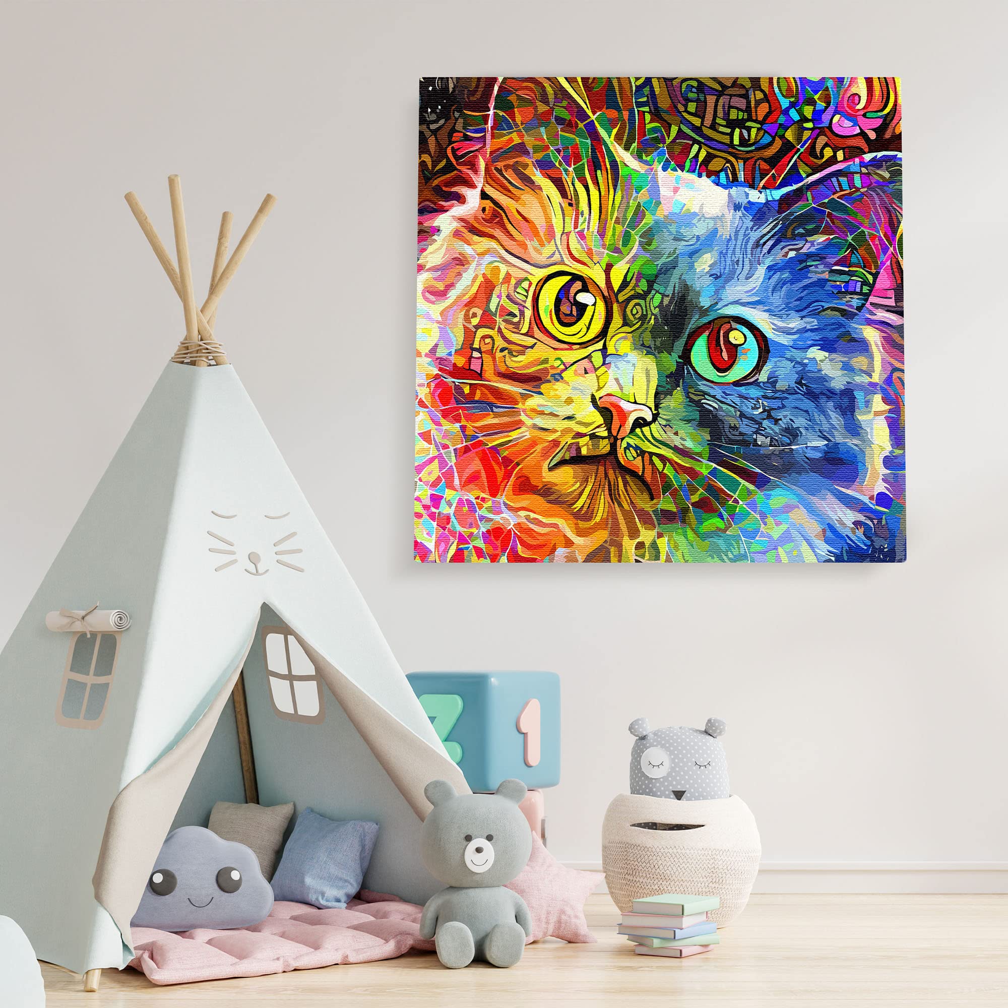 Abstract colorful cat wall art with vibrant reds, yellows, blues, and greens in dynamic fluid painterly style on canvas