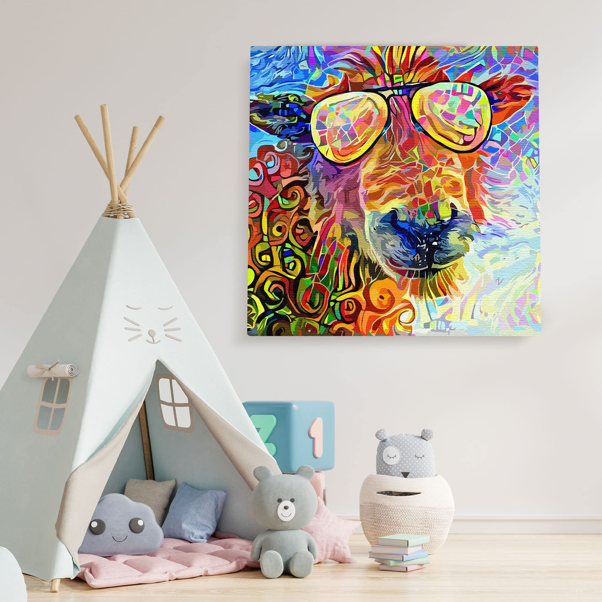 Funny abstract colorful sheep head wearing reflective sunglasses with vibrant geometric and swirling patterns on square canvas wall art