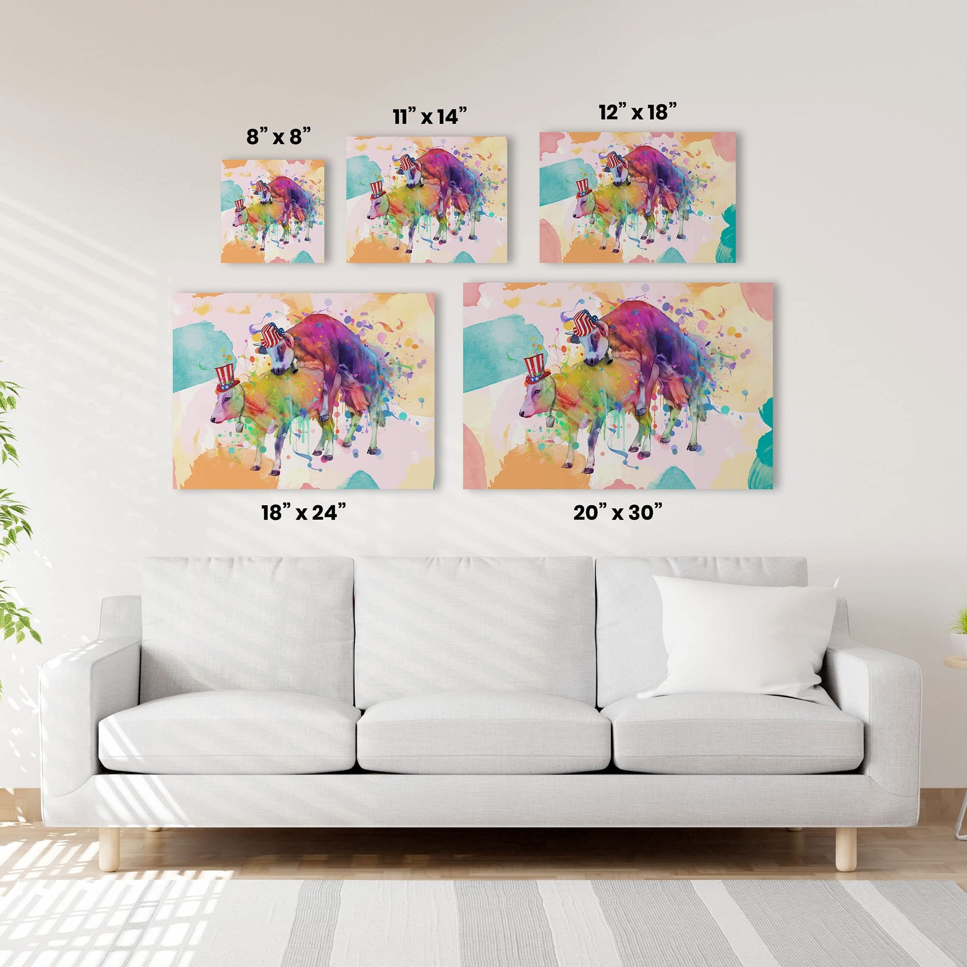 Colorful watercolor funny rude cow wall art wearing patriotic USA hat on vibrant abstract splash background in multiple sizes