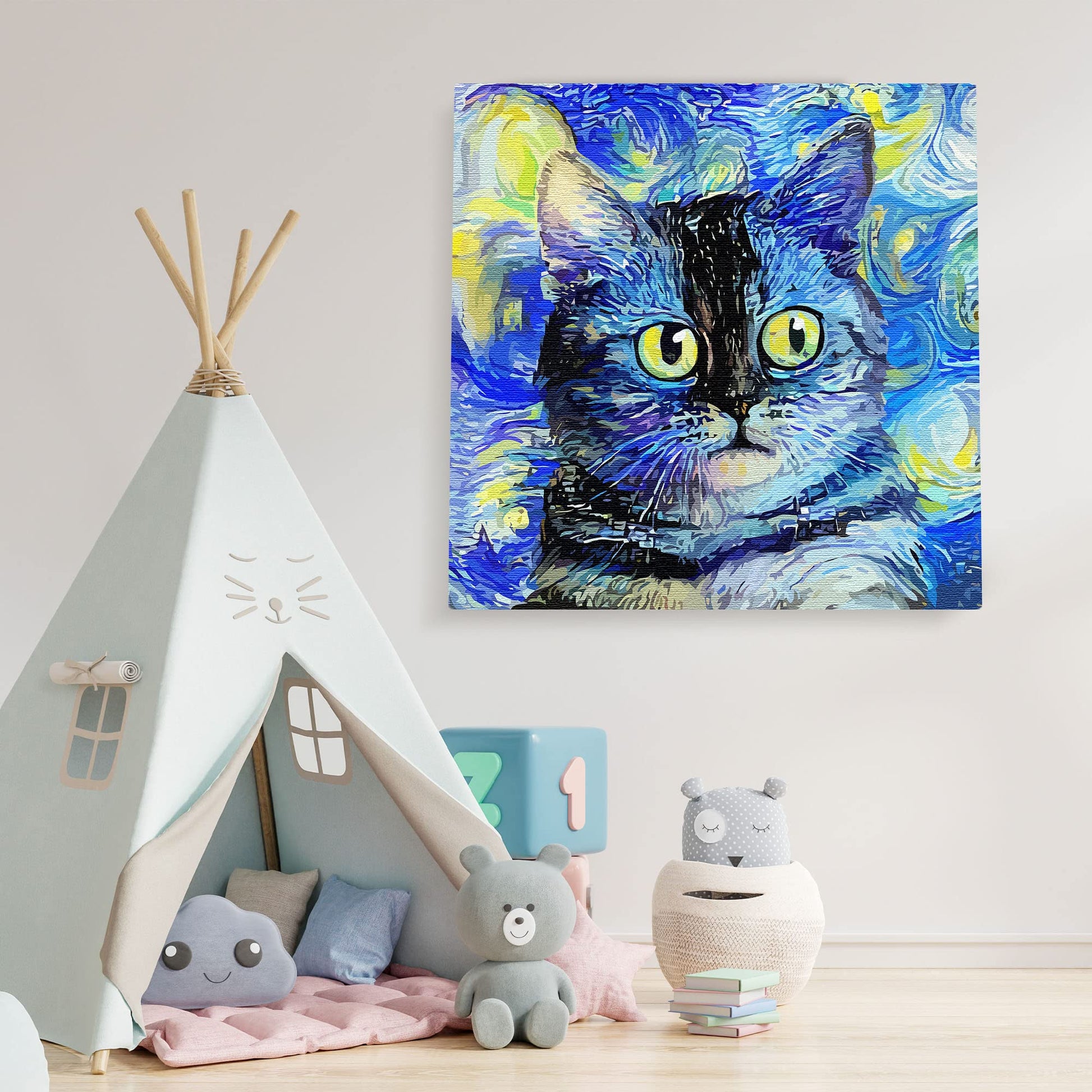 Blue impressionist cat painting with swirling brushstrokes and bright yellow eyes displayed above children's play tent