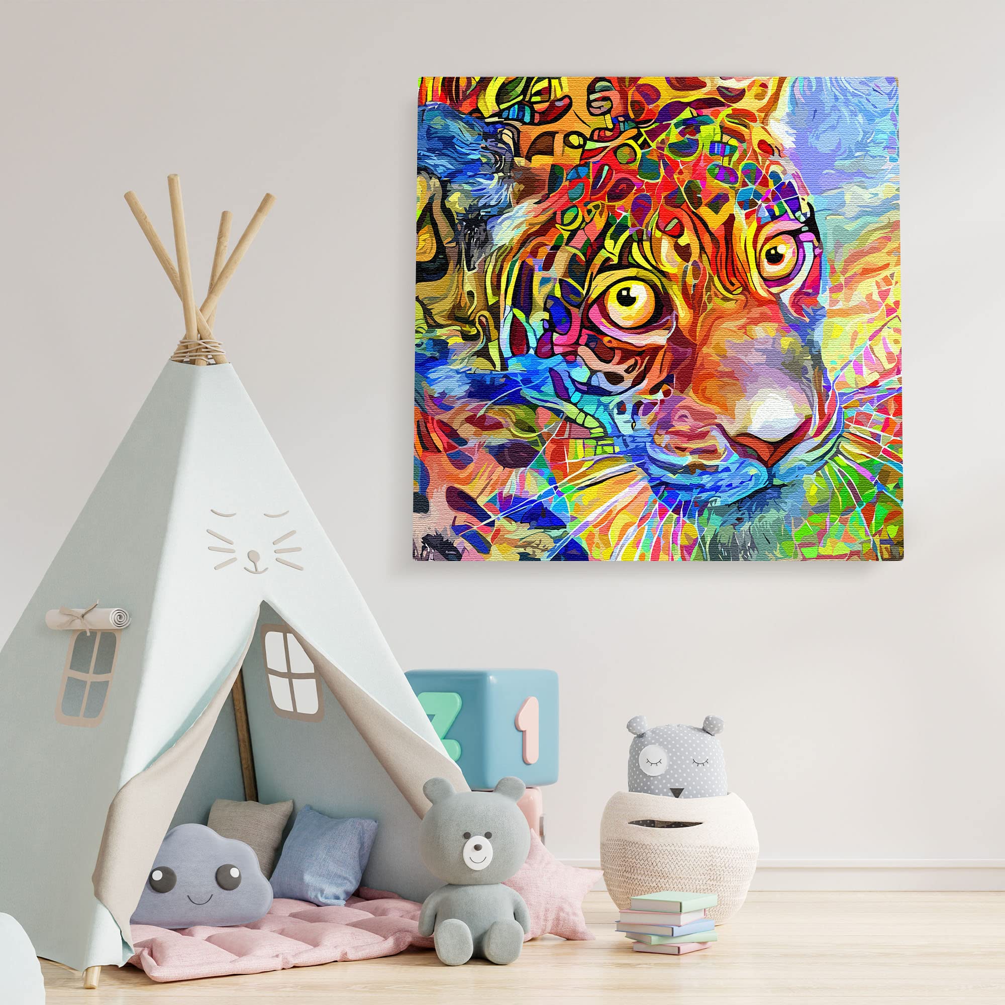 Colorful abstract leopard face wall art with vibrant geometric patterns on textured canvas in playful kids room setting