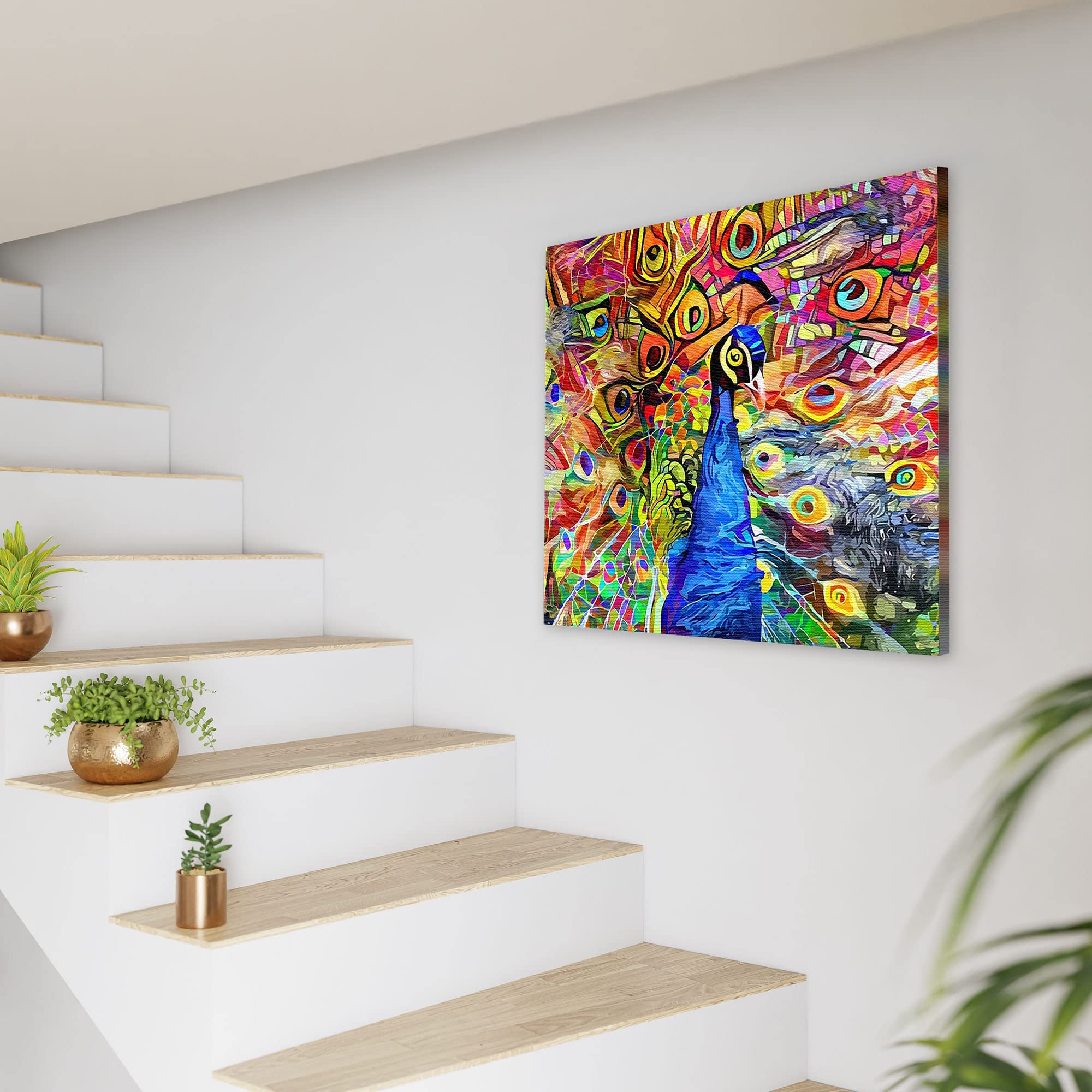 Colorful abstract peacock with vibrant geometric and swirling patterns on square canvas wall art above stairs