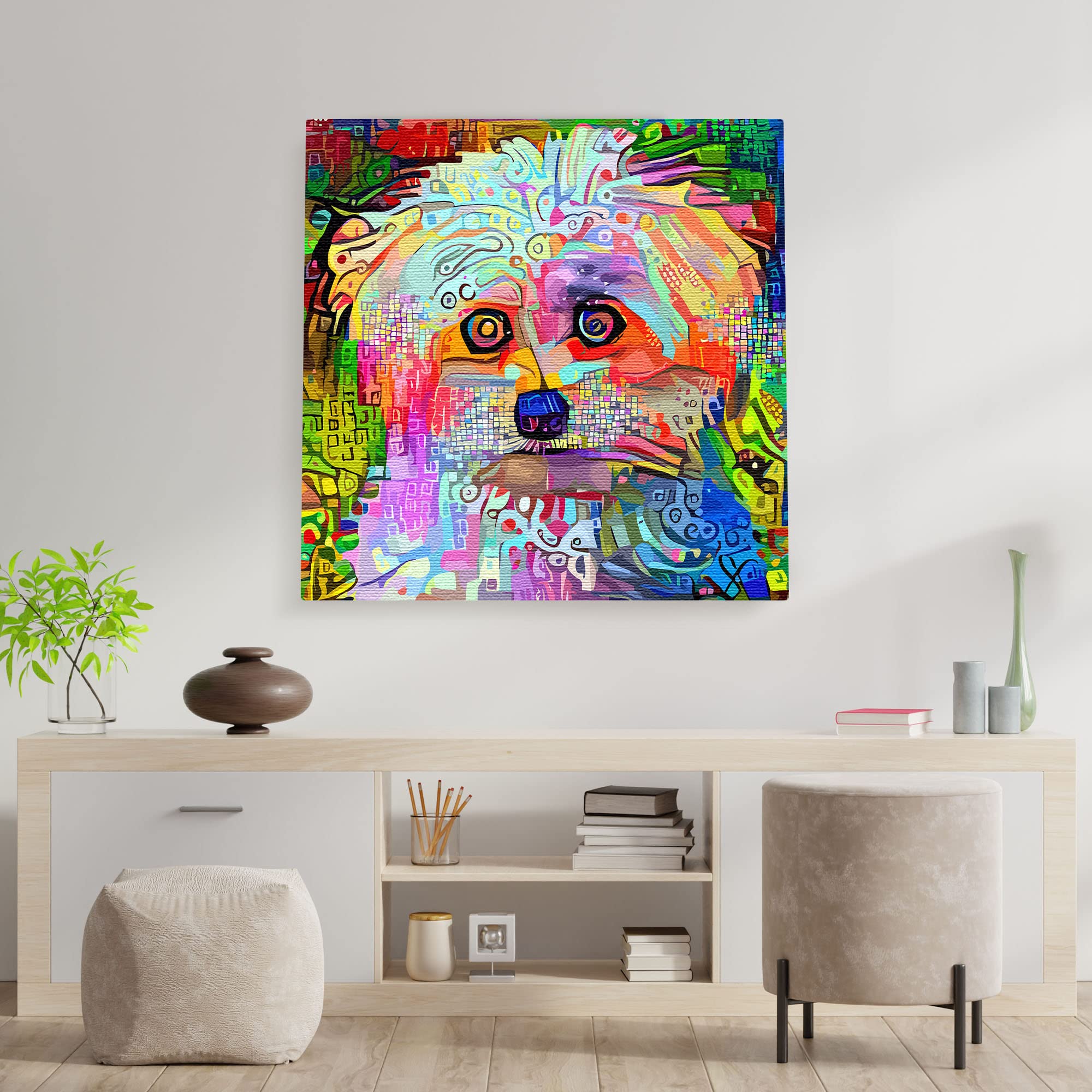 Colorful abstract Westie dog wall art with vibrant geometric and mosaic patterns on square canvas hanging on white wall above modern console