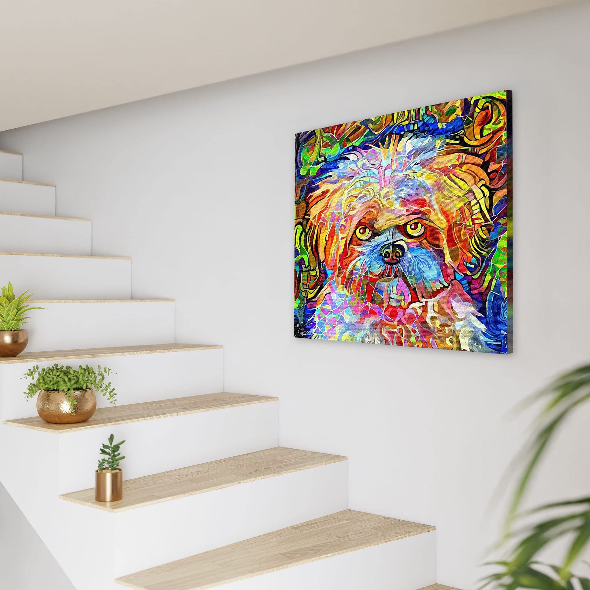 Colorful abstract Shih Tzu dog art with vibrant multicolor geometric and mosaic patterns on square canvas hanging on white wall