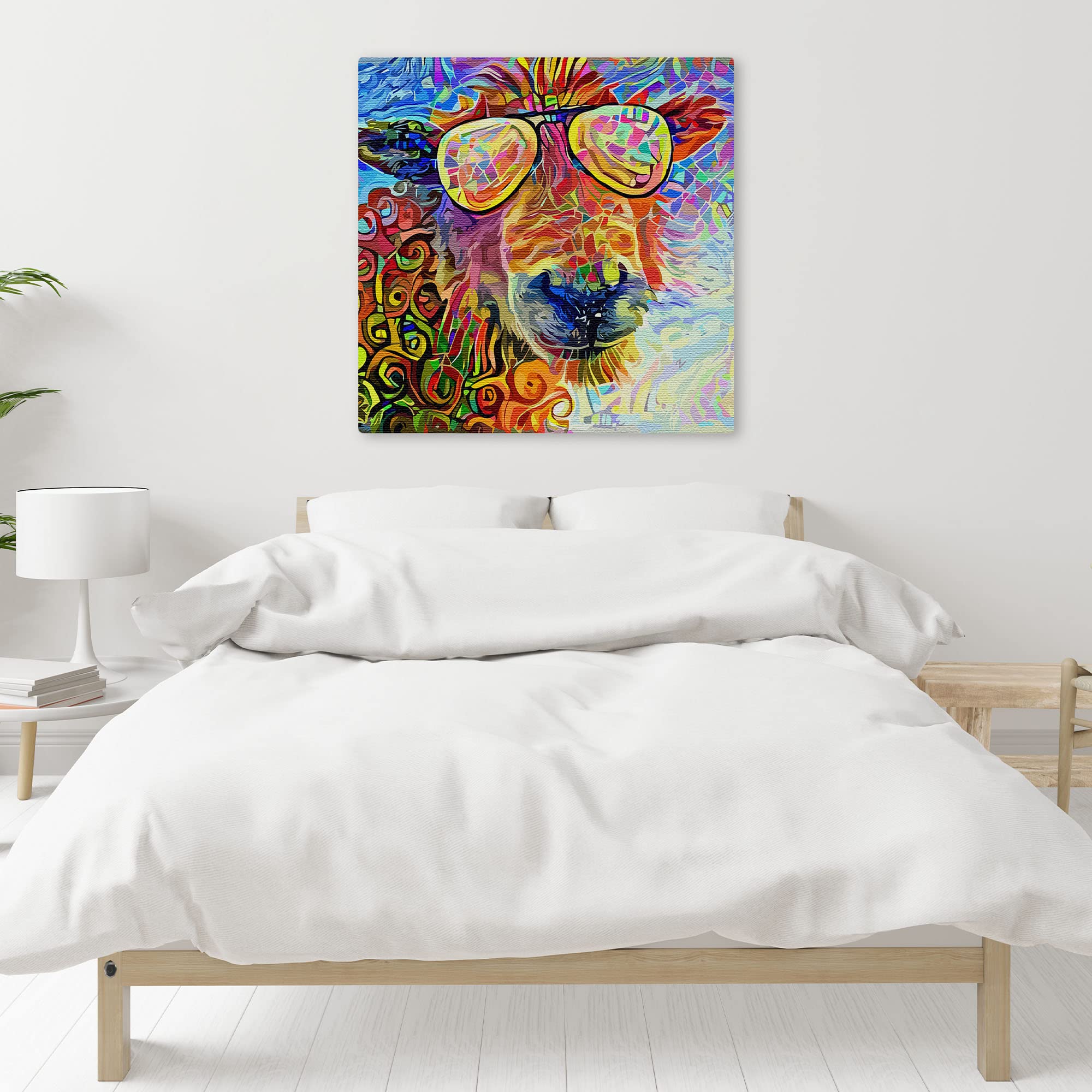 Funny abstract colorful sheep head wearing reflective sunglasses with vibrant geometric patterns on square canvas wall art