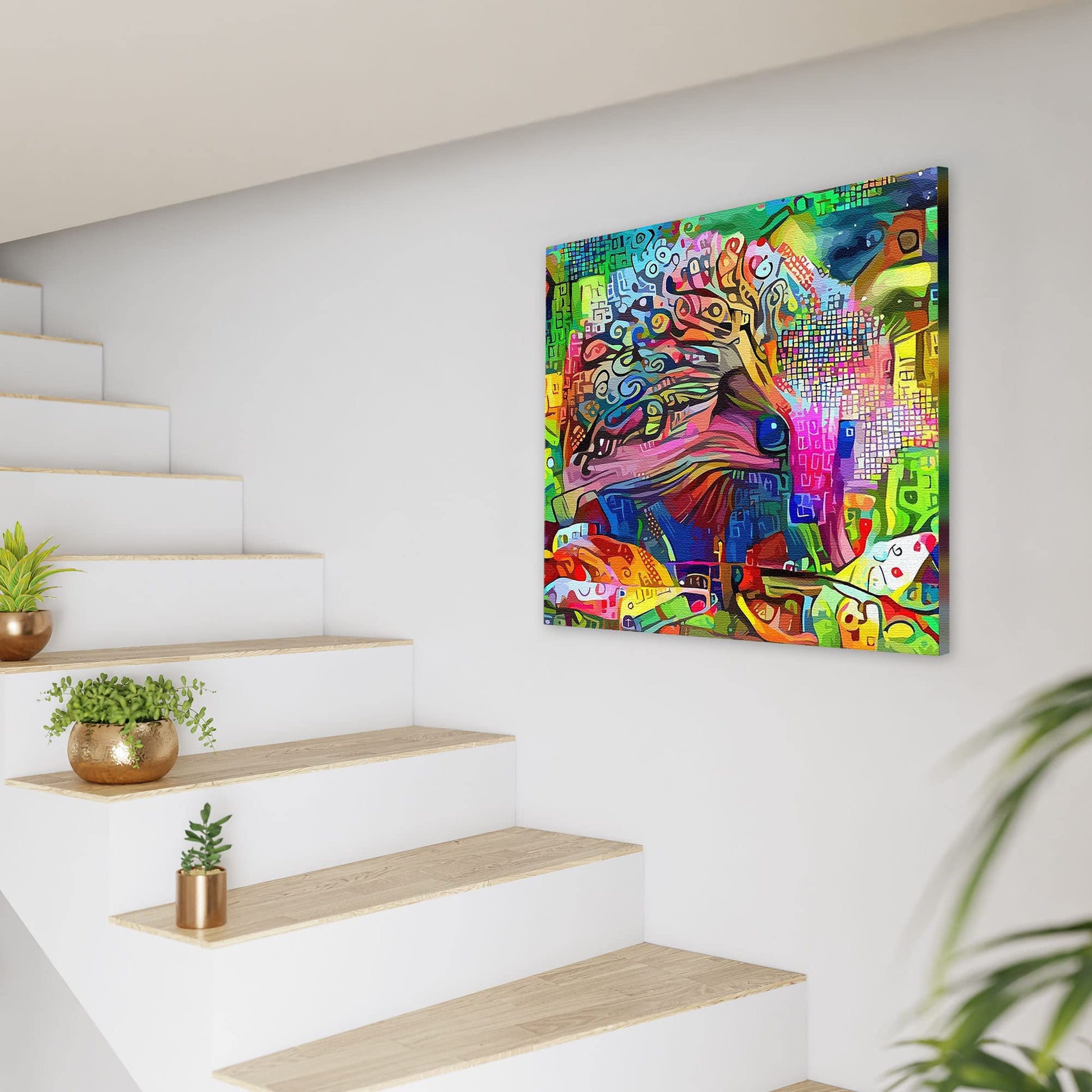 Vibrant colorful abstract woodland animal art canvas displayed in modern minimalist staircase wall decor setting