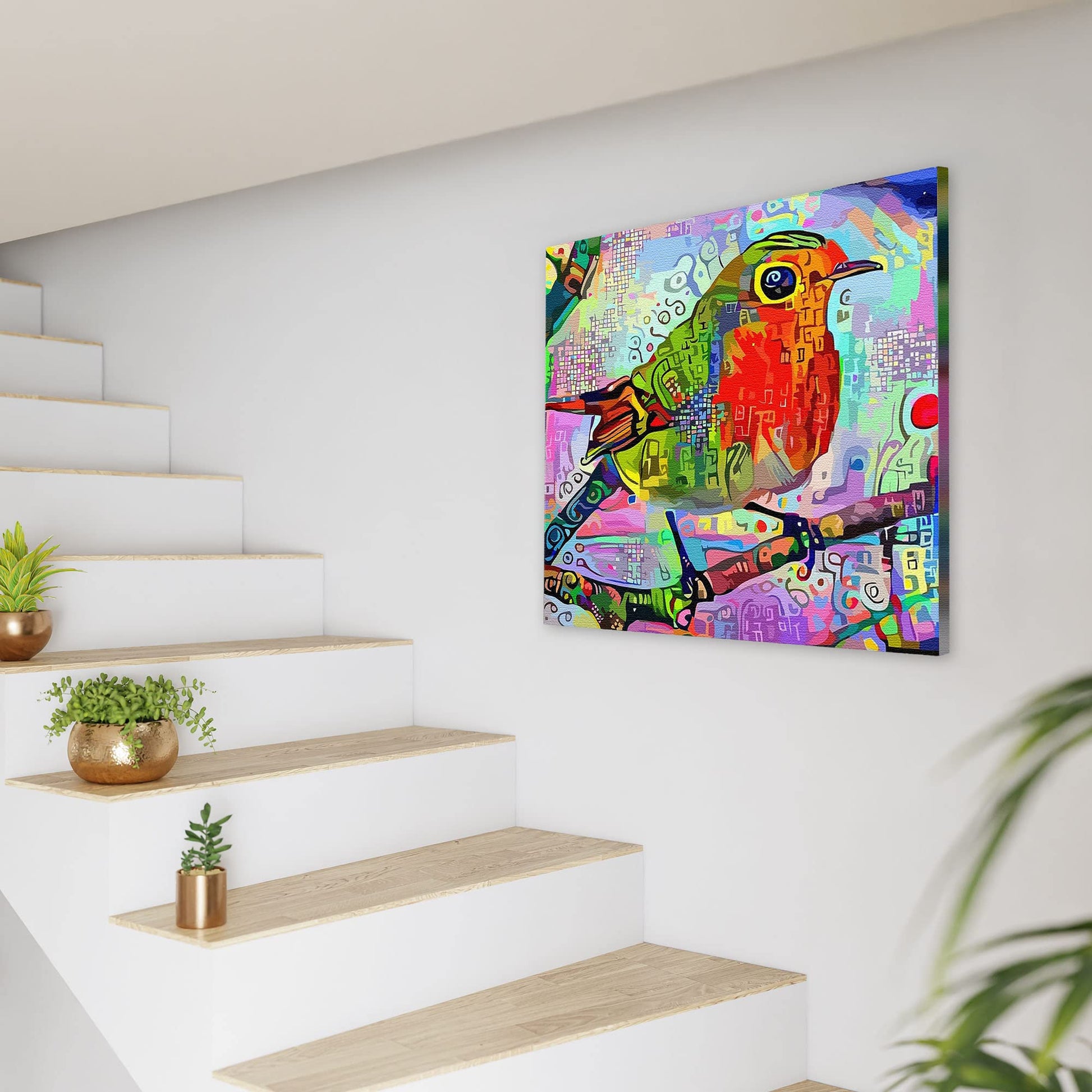 Abstract red robin with vibrant colorful geometric and digital patterns on square canvas wall art above modern staircase