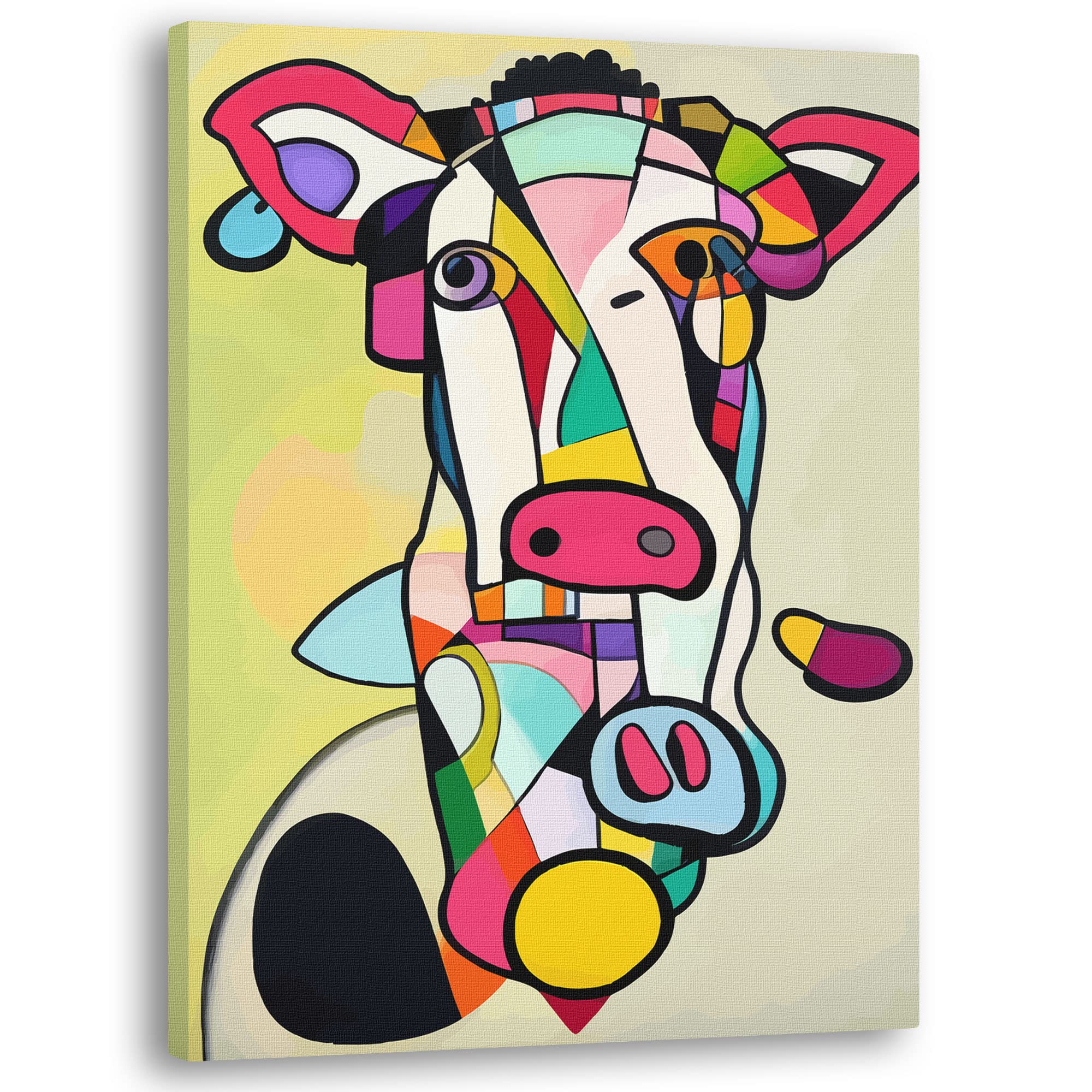 Abstract cow art canvas with bold geometric shapes and vibrant colors on light background displayed angled view