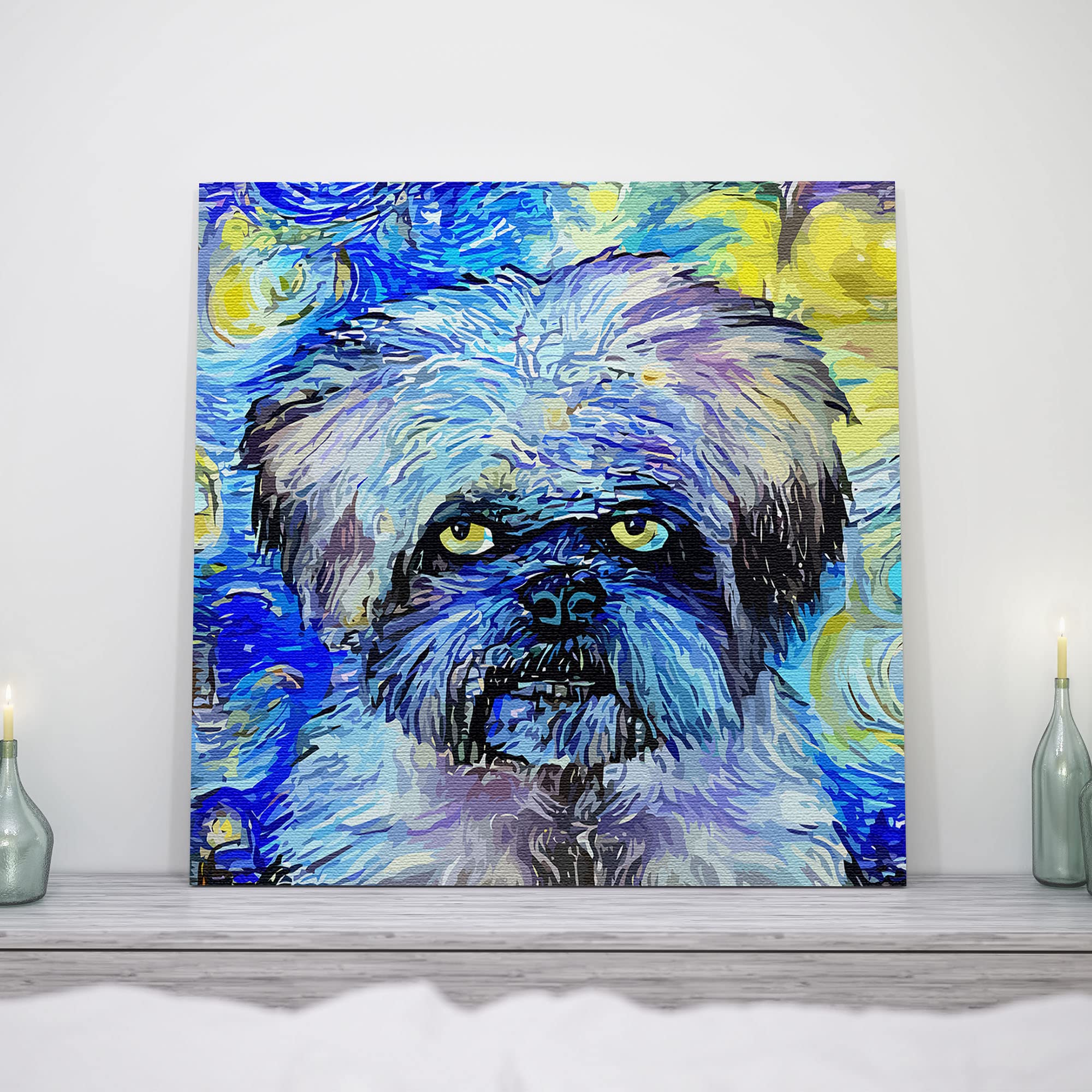 Abstract blue Shih Tzu dog art with vibrant swirling blue and yellow patterns on square canvas on shelf with candles