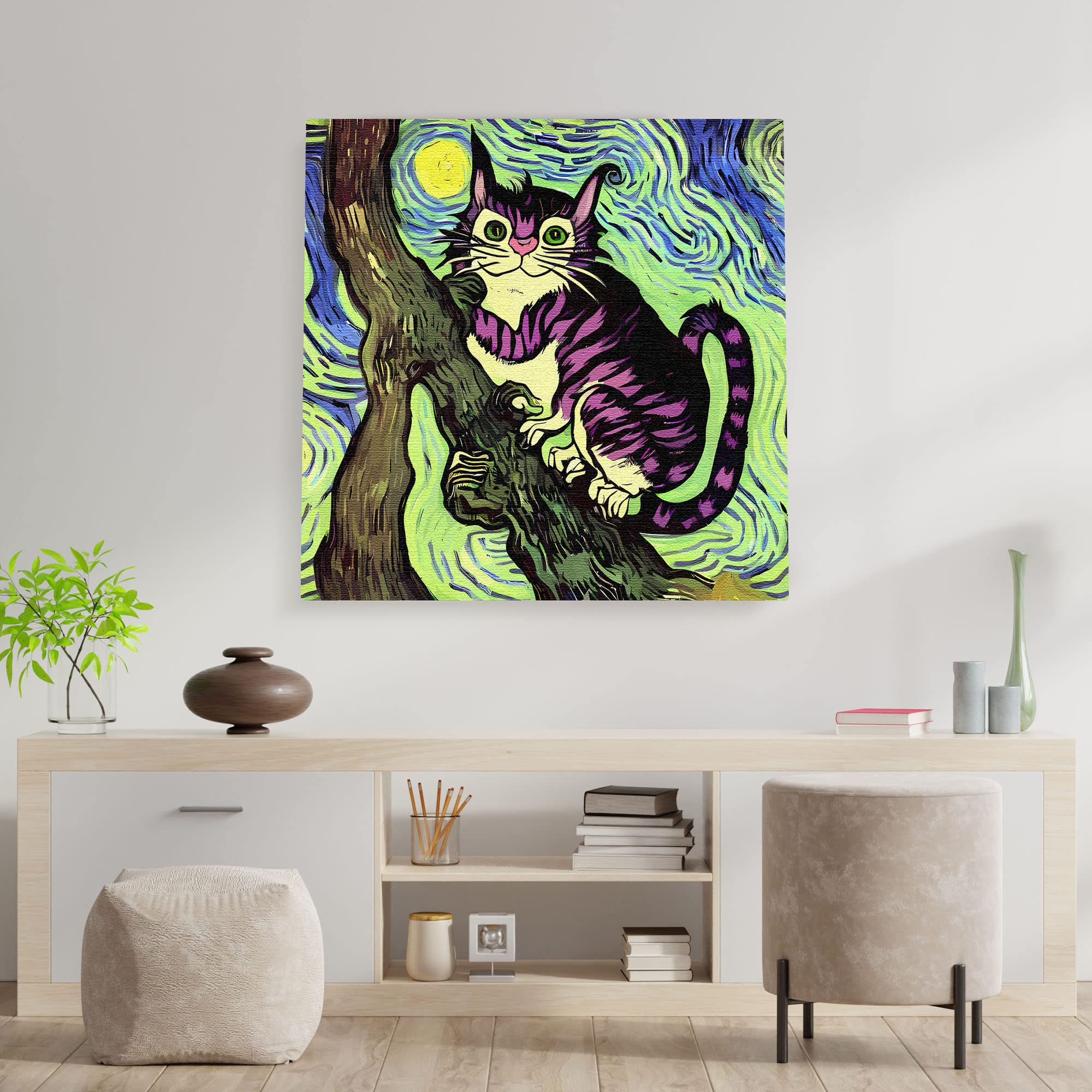 Colorful Cheshire cat wall art with bright purple stripes perched on tree branch against swirling vibrant blue and green night sky