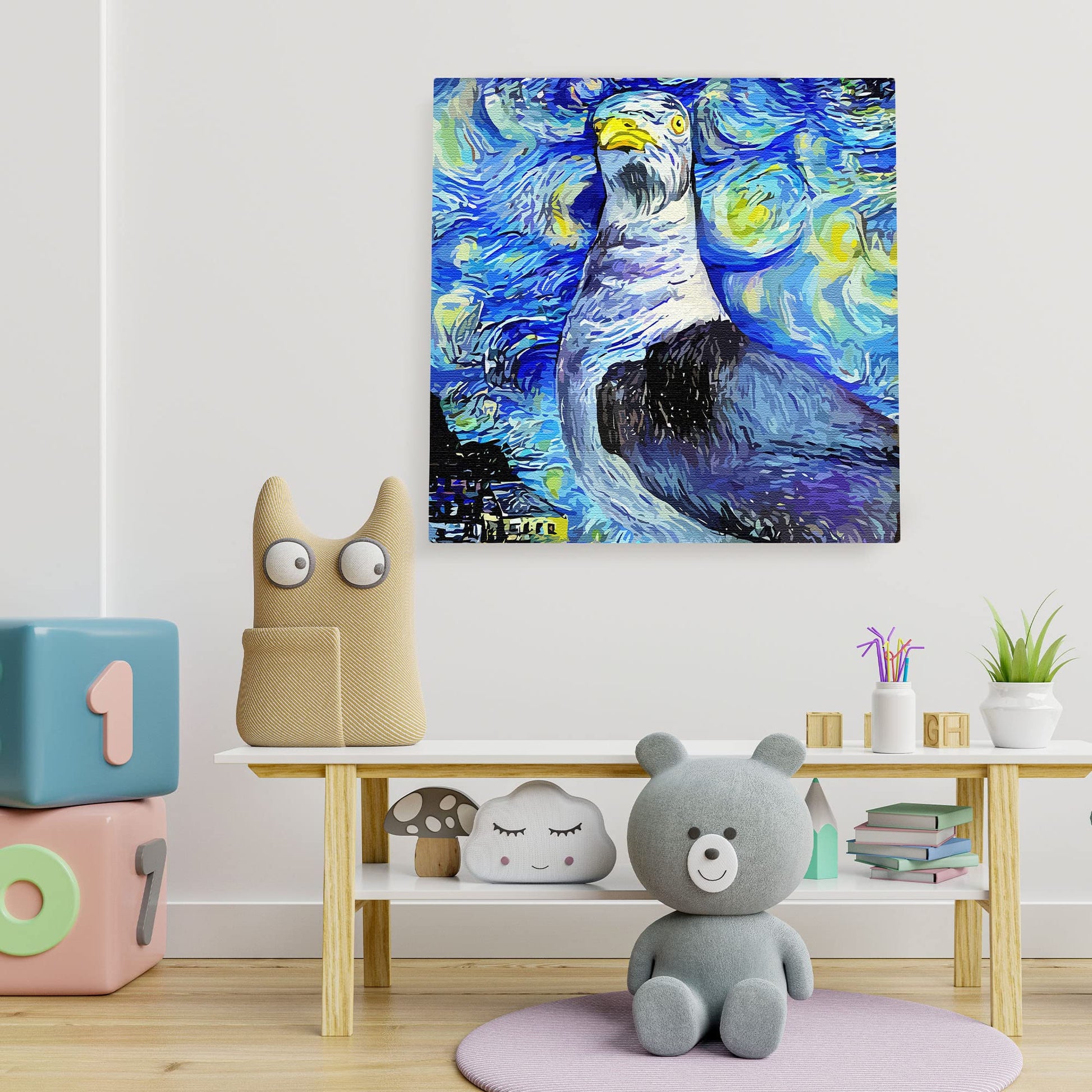 Blue abstract seagull with swirling vibrant starry night sky and dynamic brushstroke patterns on square canvas wall art