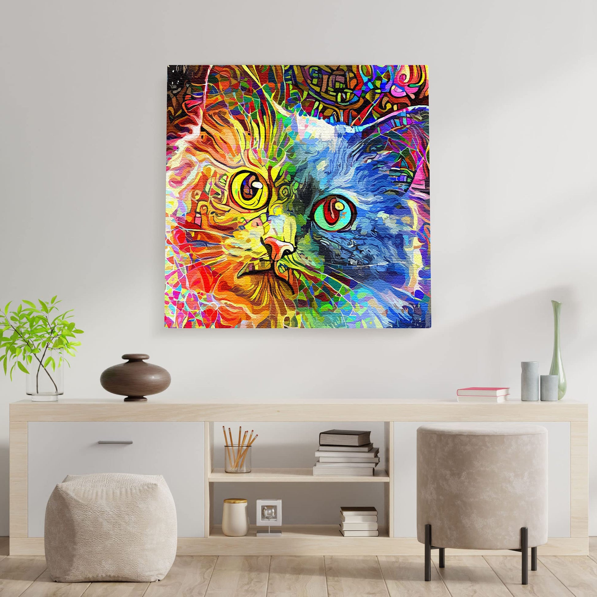 Abstract colorful cat canvas wall art with vibrant oranges, blues, greens, and purples in dynamic fluid painterly style