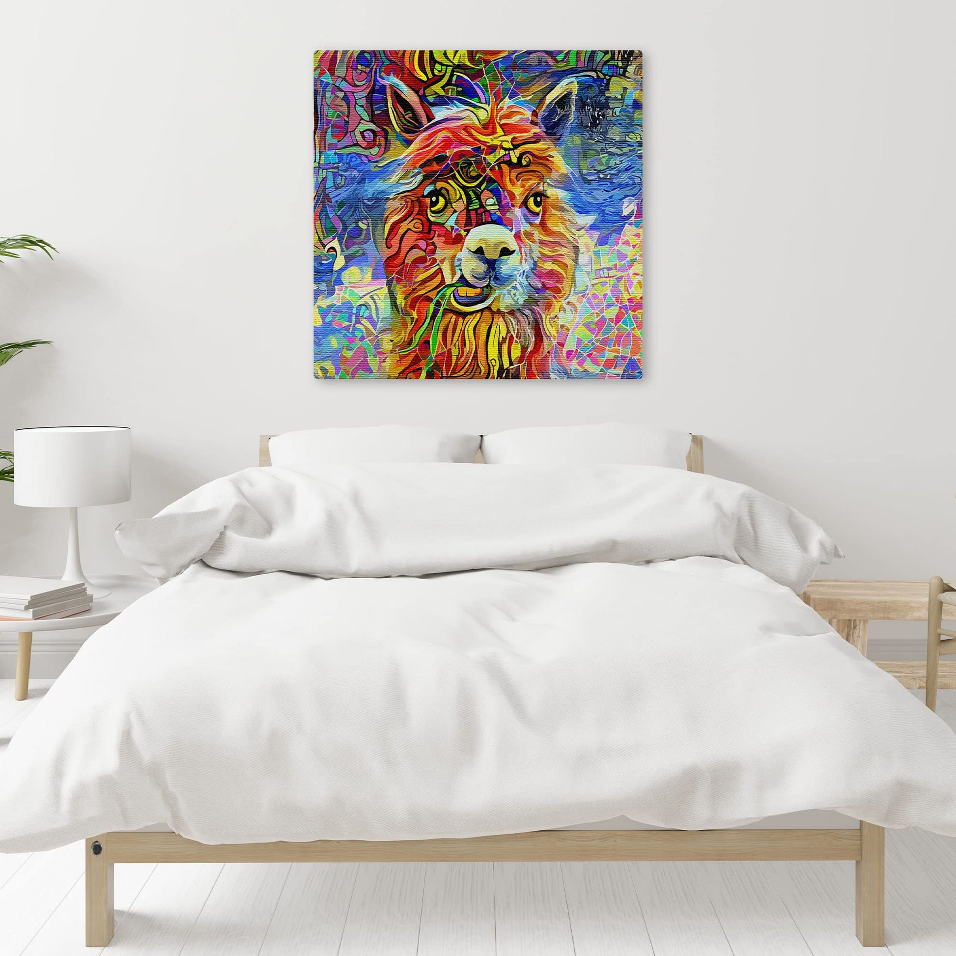 Colorful geometric alpaca artwork canvas with vibrant reds, blues, yellows, and greens in abstract swirling patterns