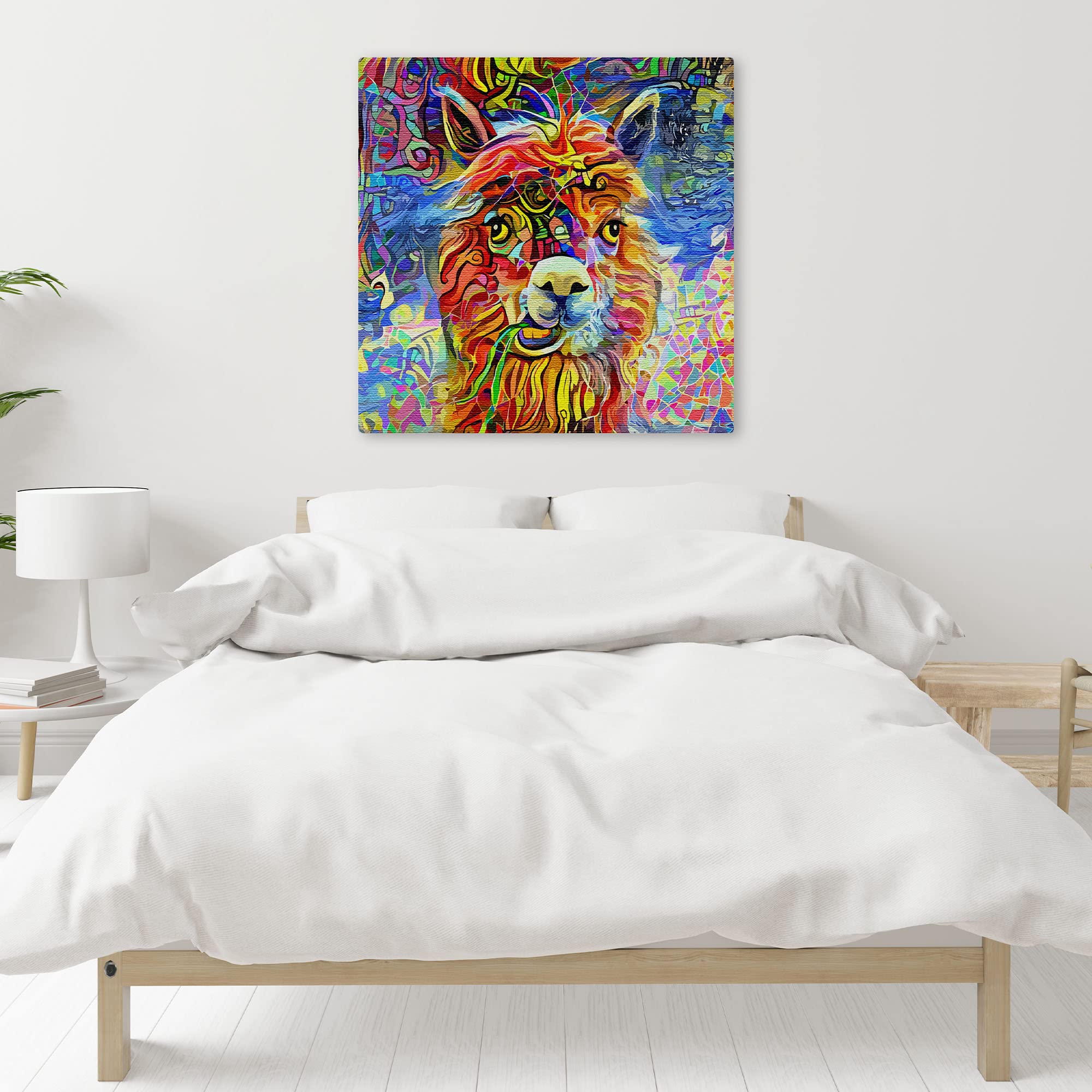 Colorful geometric alpaca artwork canvas with vibrant reds, blues, yellows, and greens in abstract swirling patterns