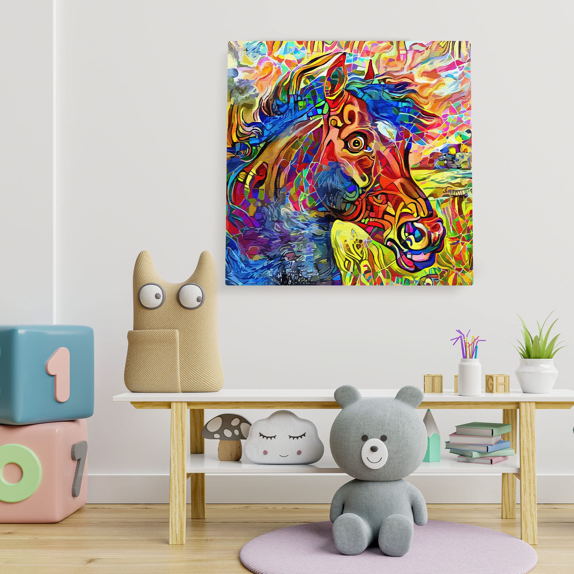 Colorful abstract horse art painting on textured canvas in vibrant modern minimalist kids room setting