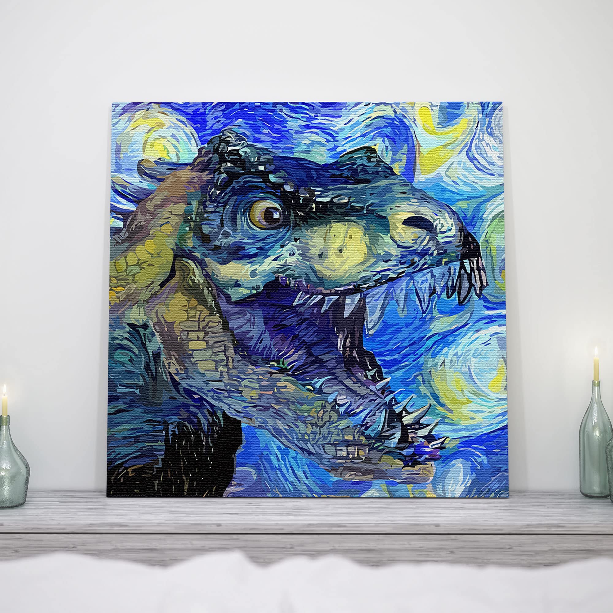 Blue Tyrannosaurus Rex dinosaur art with vibrant swirling brushstrokes on square canvas displayed above mantel with candles