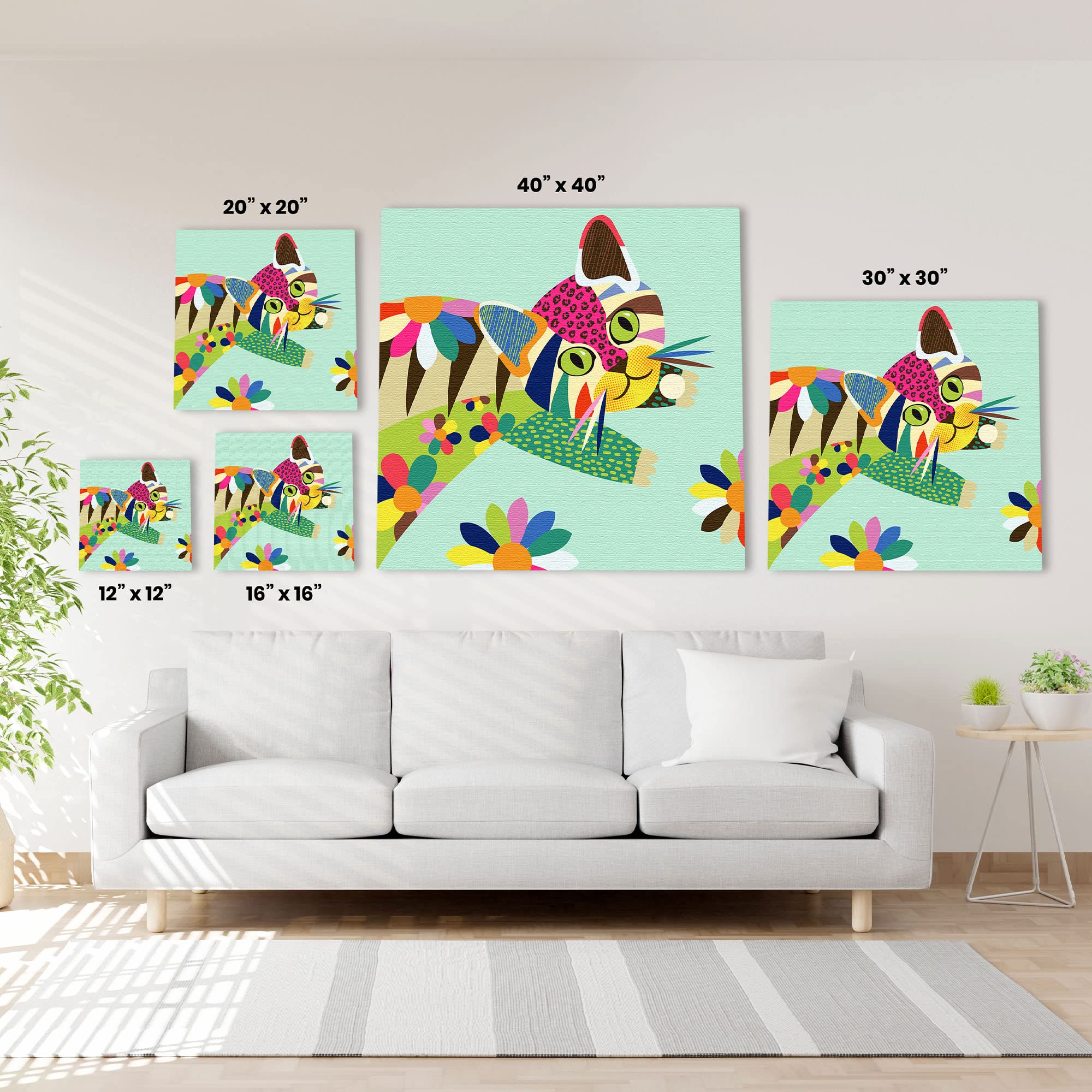 Colorful cute cat kitten wall art with vibrant geometric shapes and bold lines on light turquoise canvas above white sofa